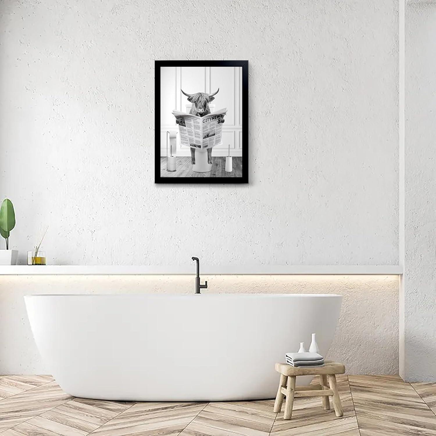 Modern Black Framed Highland Cow Wall Art Minimalist Bathroom Wall Decor Cute Funny Animals Artwork Canvas Prints Ready to Hang for Guest Bathroom, Hotel, Condo, Kids Bathroom, 12”x16”