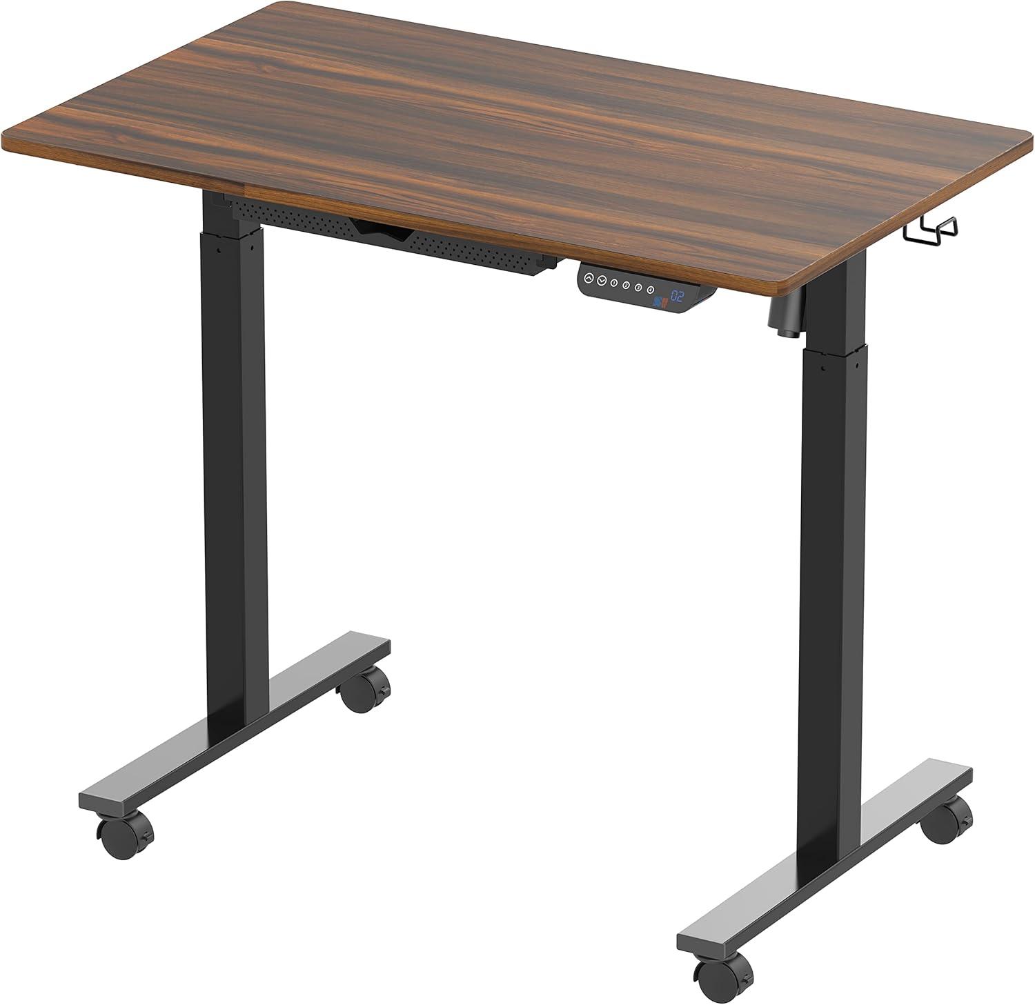 SHW 40-Inch Mobile Electric Height Adjustable Sit to Stand Desk with Drawer, Hanging Hooks and Cable Management, Walnut