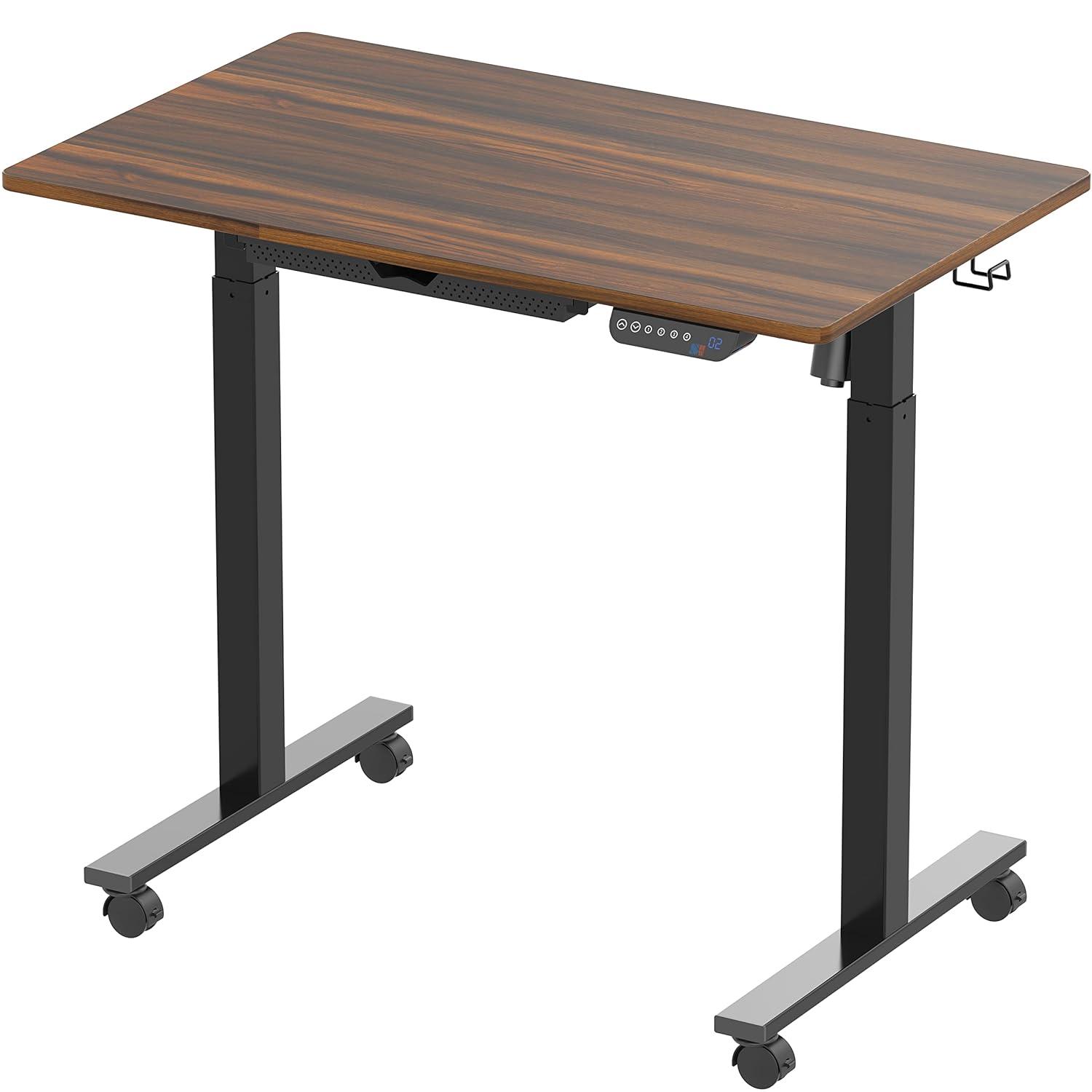SHW 40-Inch Mobile Electric Height Adjustable Sit to Stand Desk with Drawer, Hanging Hooks and Cable Management, Walnut