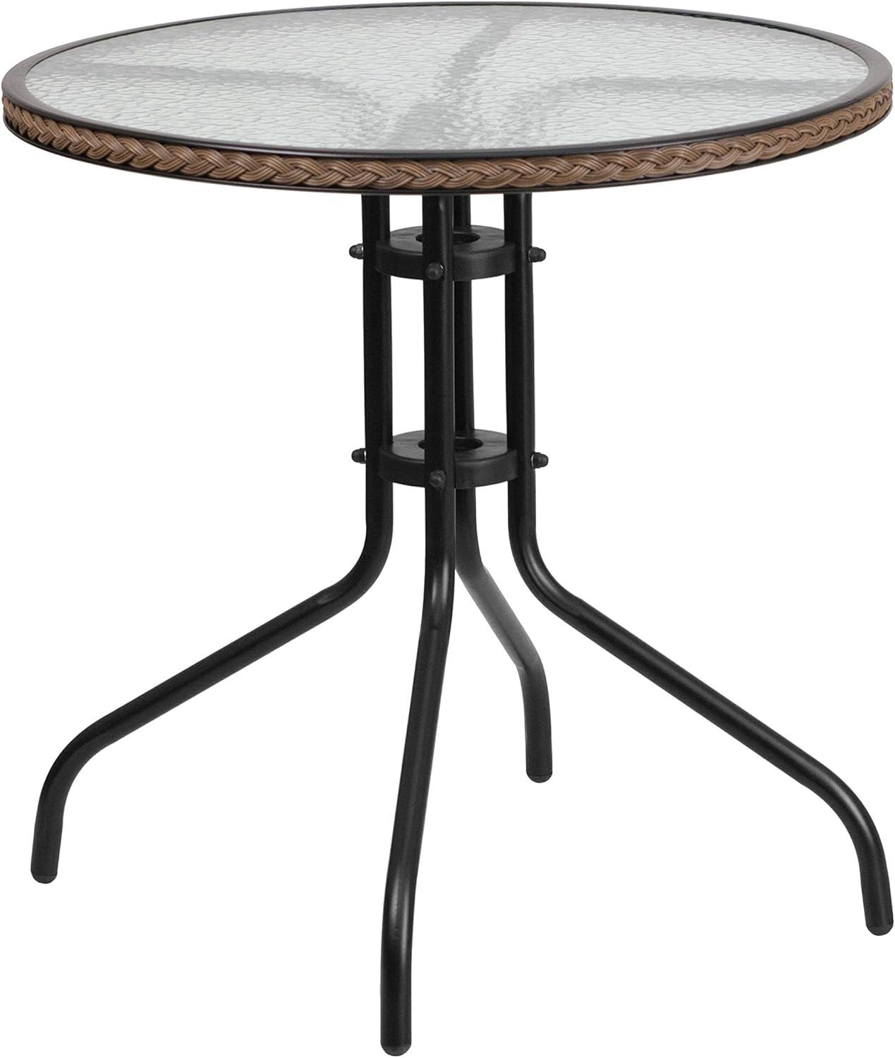 Flash Furniture 28'' Round Glass Metal Table with Dark Brown Rattan Edging and 4 Dark Brown Rattan Stack Chairs