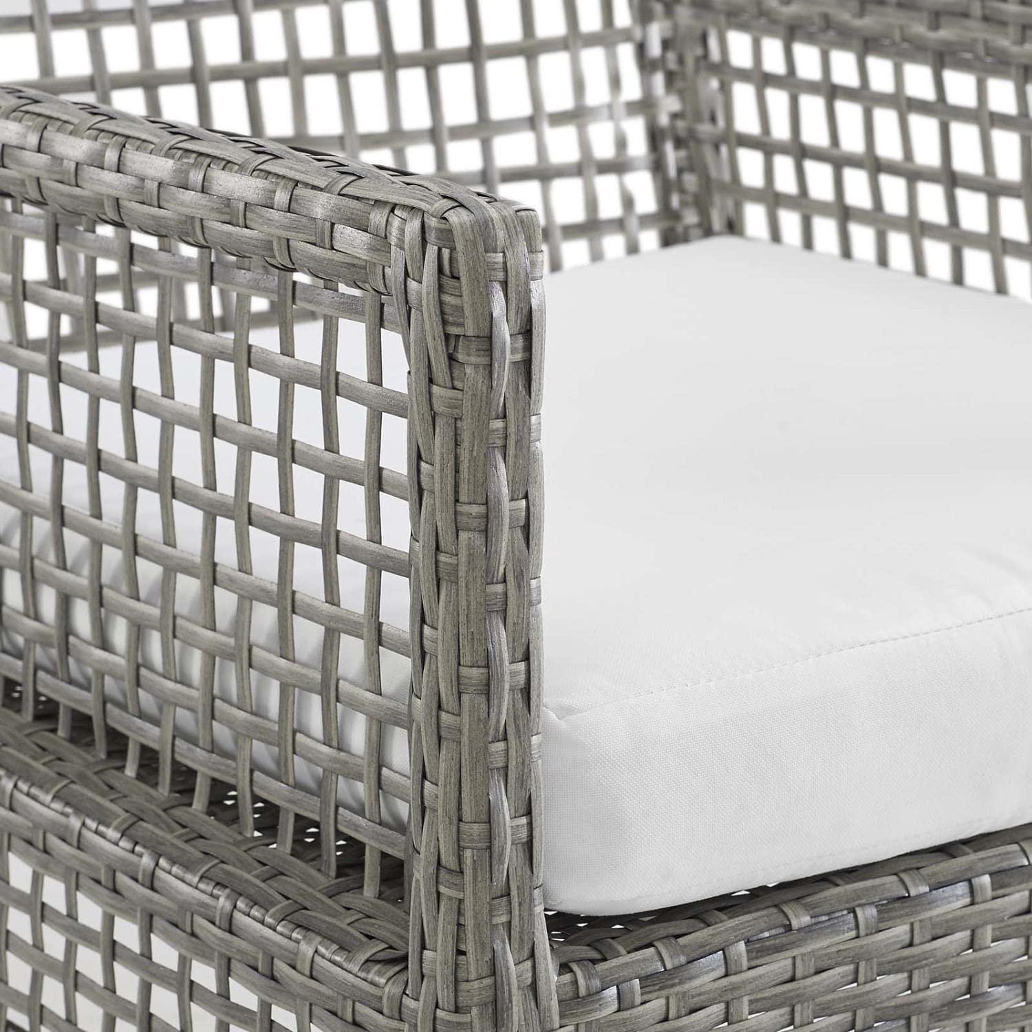 Modway Aura Outdoor Dining Armchair – Gray White Wicker Rattan Patio Chair with Cushions, All-Weather Build