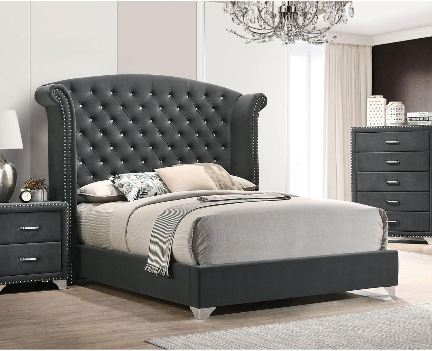 Coaster Melody Eastern King Wingback Velvet Upholstered Bed in Gray