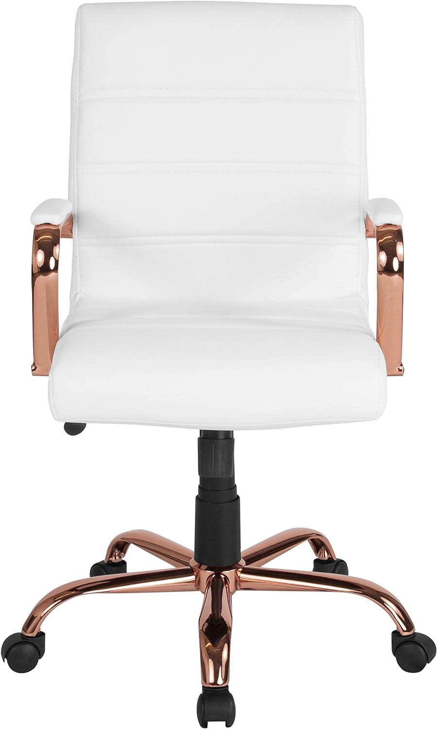 Mid-Back White LeatherSoft Swivel Executive Chair with Rose Gold Metal Frame