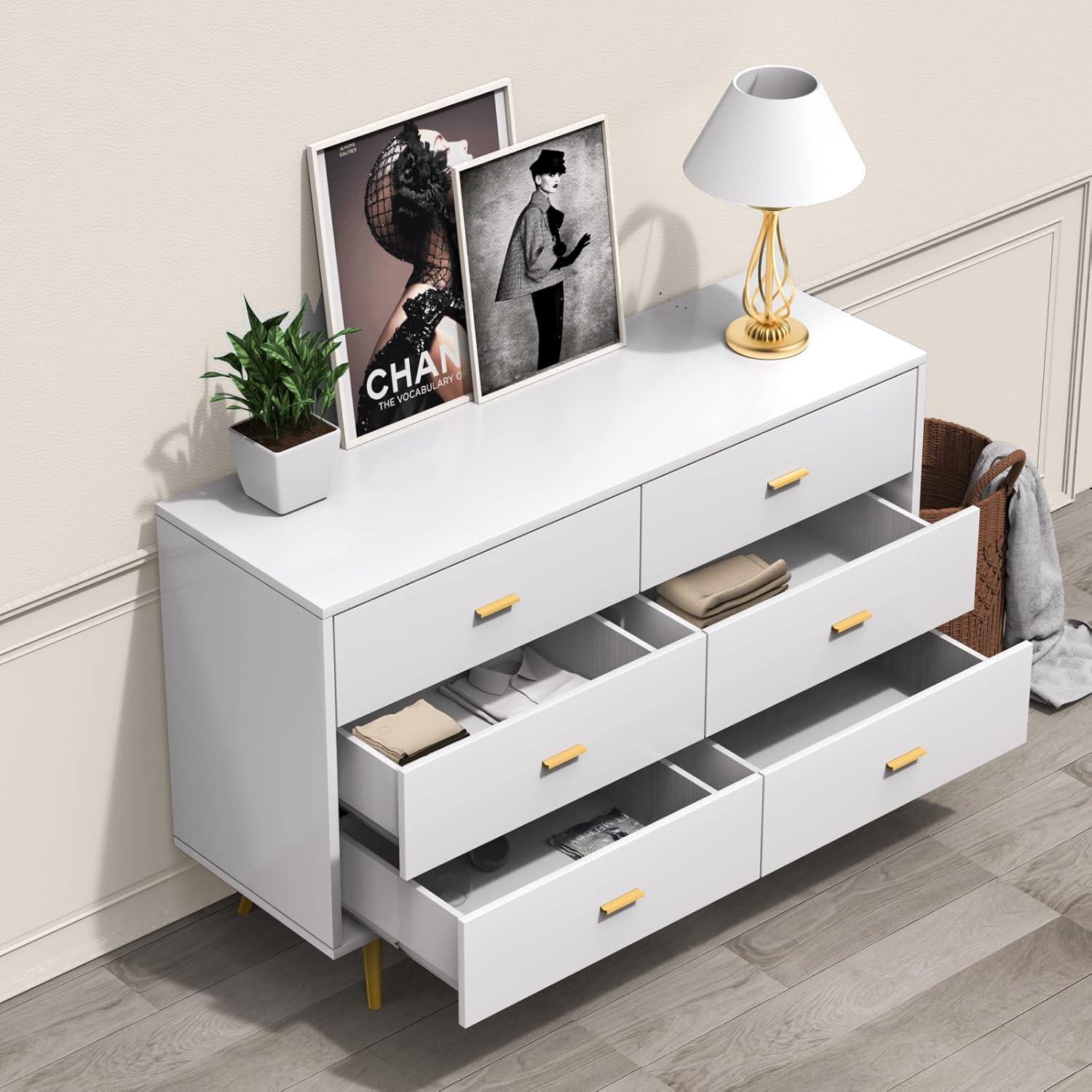 JOZZBY White Dresser, 6 Drawer Dresser for Bedroom with Wide Drawers and Metal Handles, Modern Wood Storage Chest of Drawers for Living Room Hallway Entryway