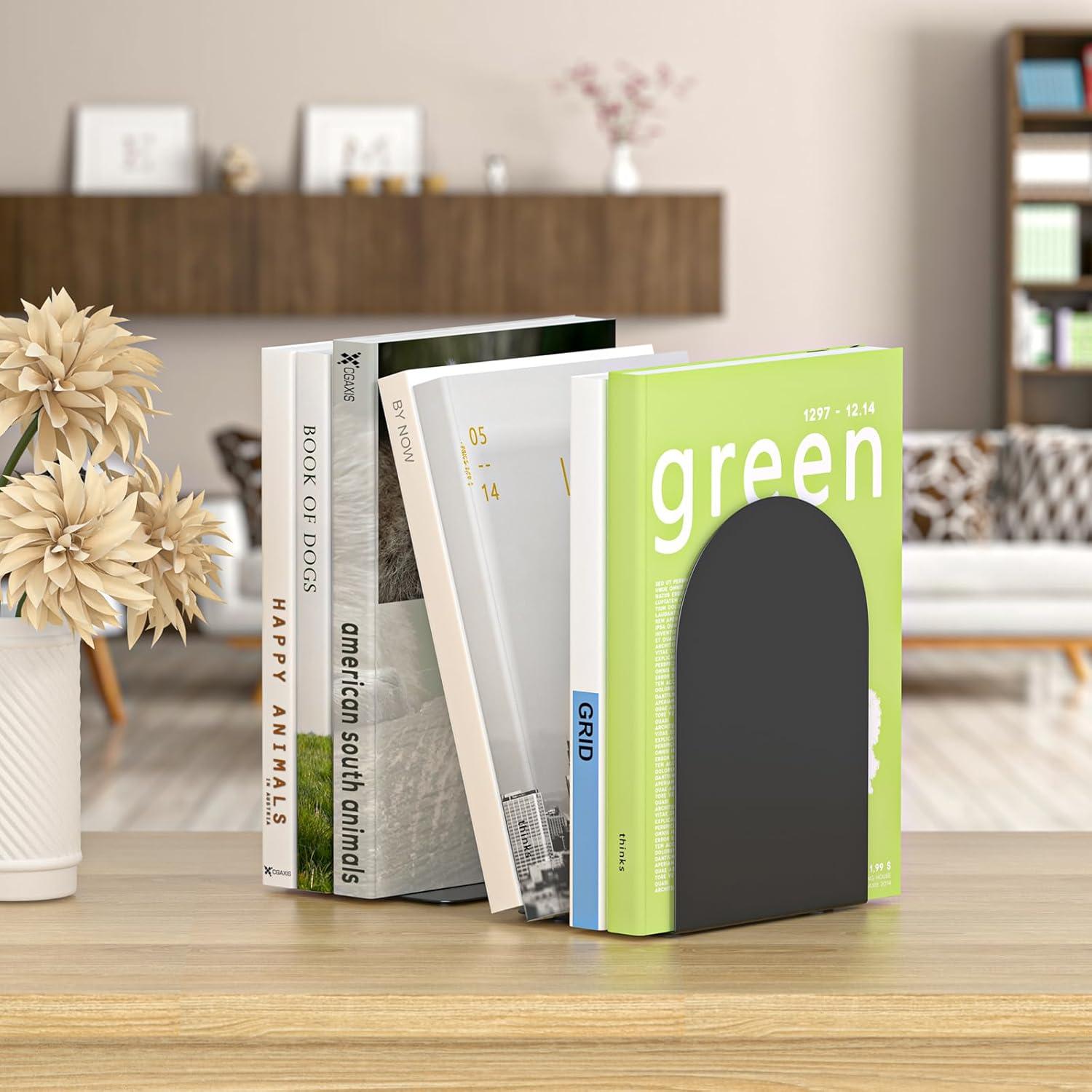 1 Pair Metal Bookend Heavy Duty and Decorative Modern Design with Non-Skid Base (Black)