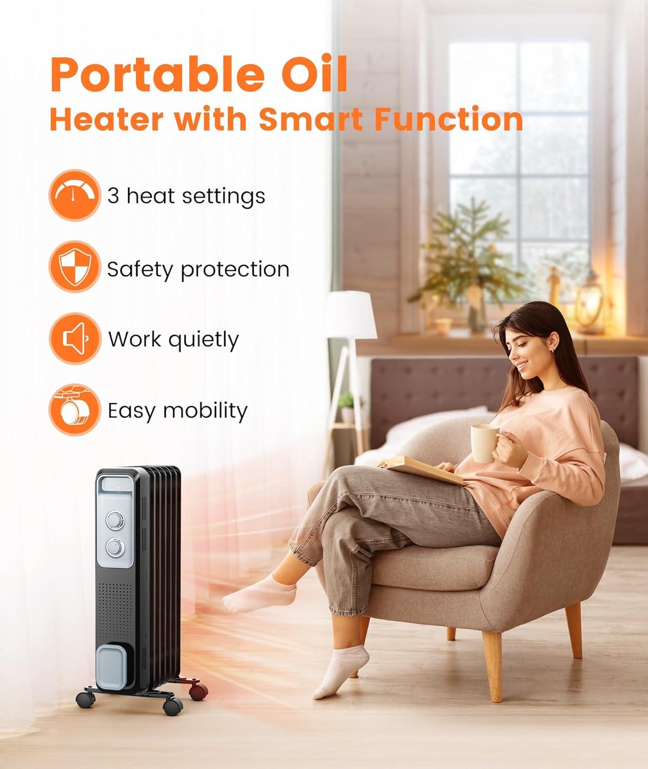 Black Portable Oil-Filled Radiator Heater with Automatic Shut-off