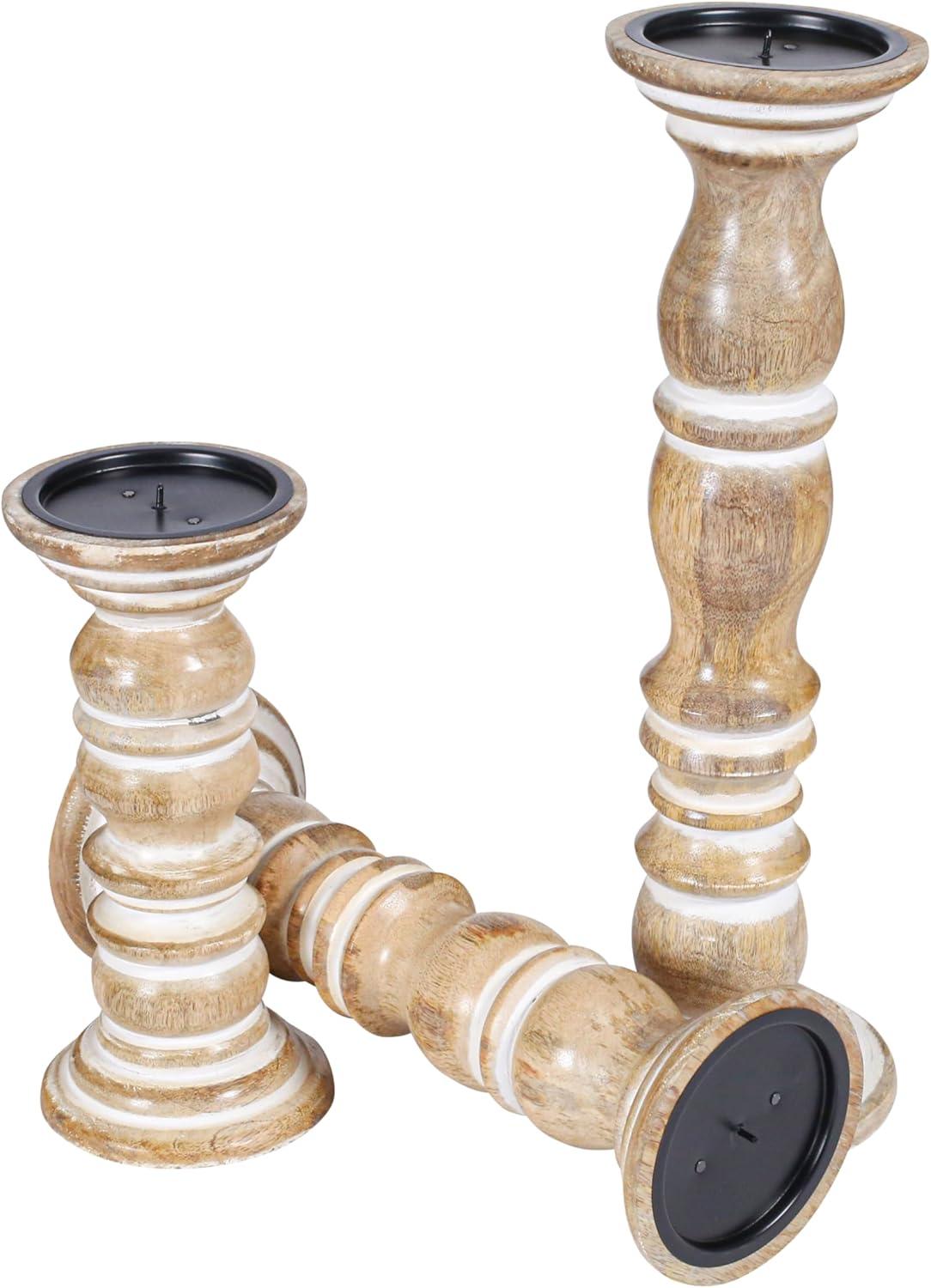 DecMode Traditional and Timeless Mango Wood Pillar Candle Holder Set of 3, 6", 8", 10"H, Cream Finish