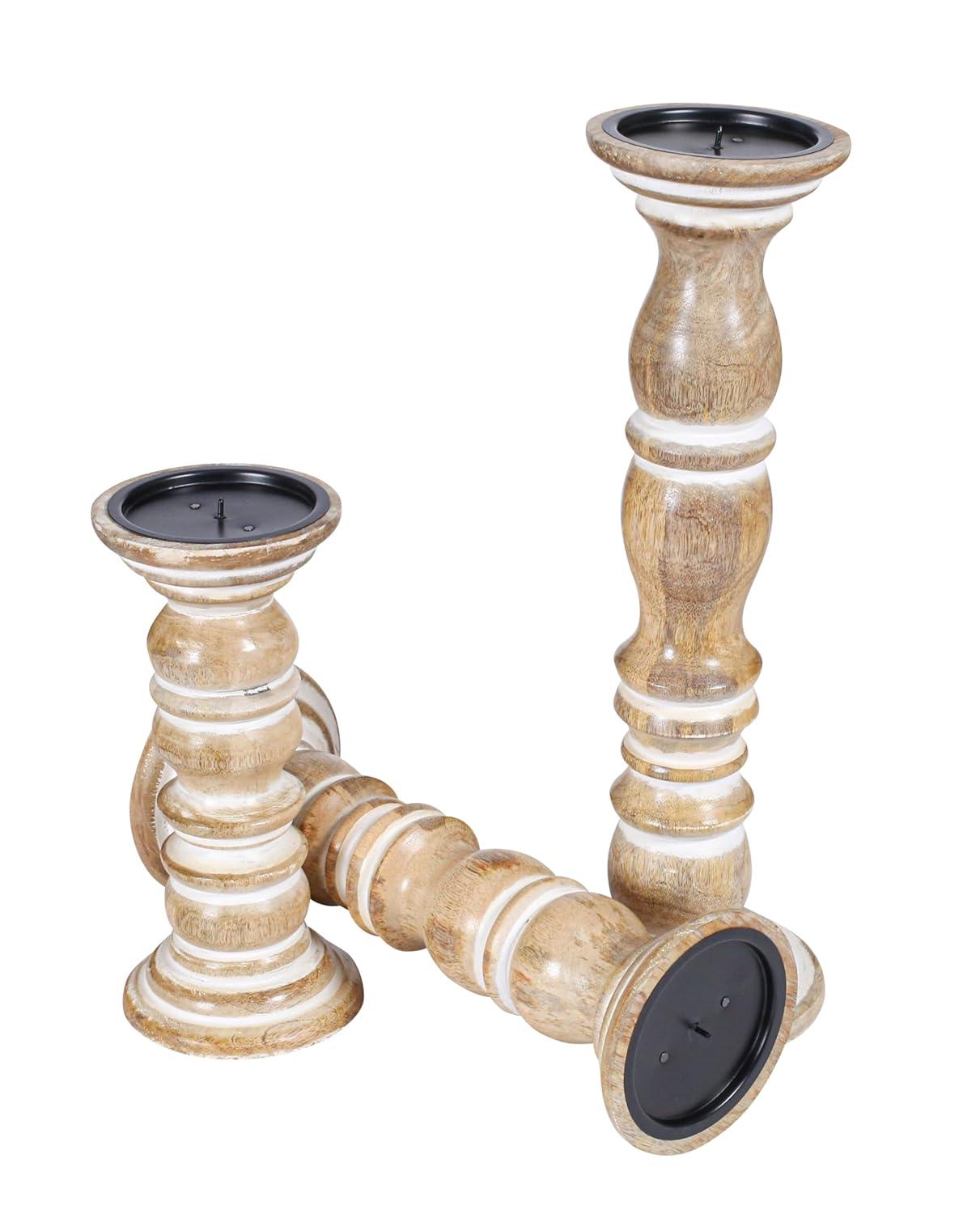 DecMode Traditional and Timeless Mango Wood Pillar Candle Holder Set of 3, 6", 8", 10"H, Cream Finish