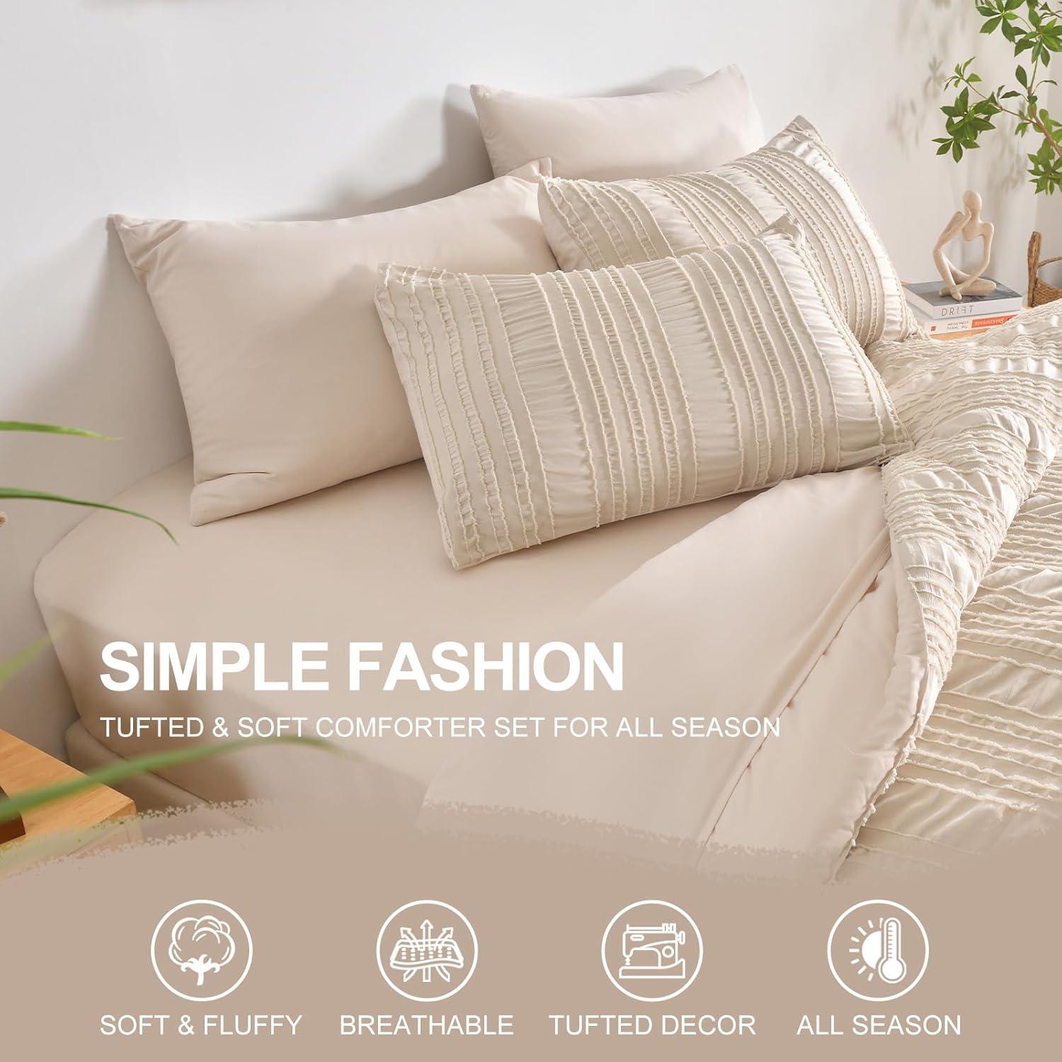 Beige Tufted Comforter Set Queen Size 7 Piece Bed in a Bag，Shabby Chic Boho Bedding for Bedroom Comforter，All Season Soft Microfiber Ruffle Comforter Set with Pillow and Sheets