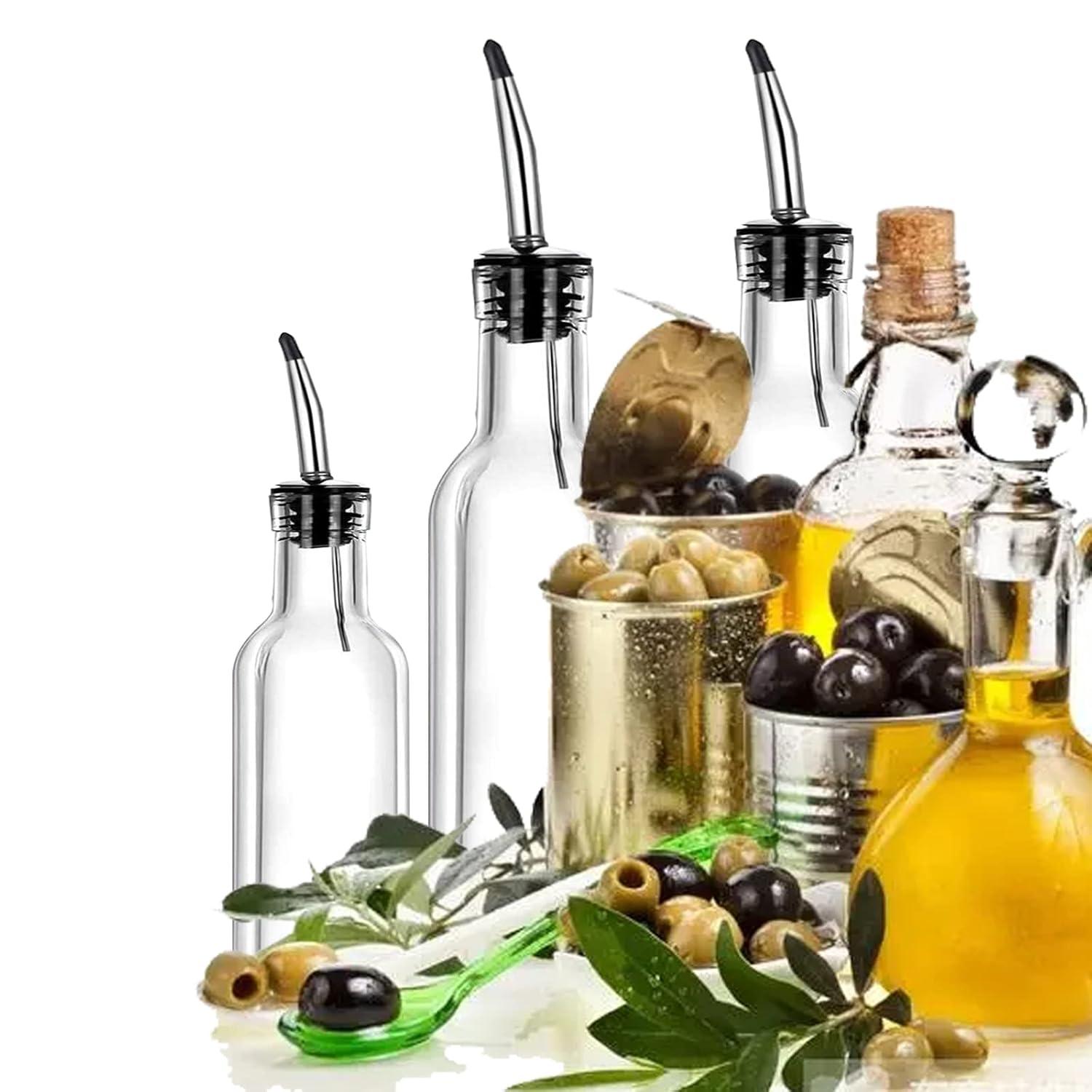 Soro Essentials- Set of 2- Glass 16 oz. Square Cruet with Stainless Steel Pourer - Vinegar and Olive Oil Bottle Dispenser Oil Bottles for Kitchen with Pourers Square Glass Oil Container