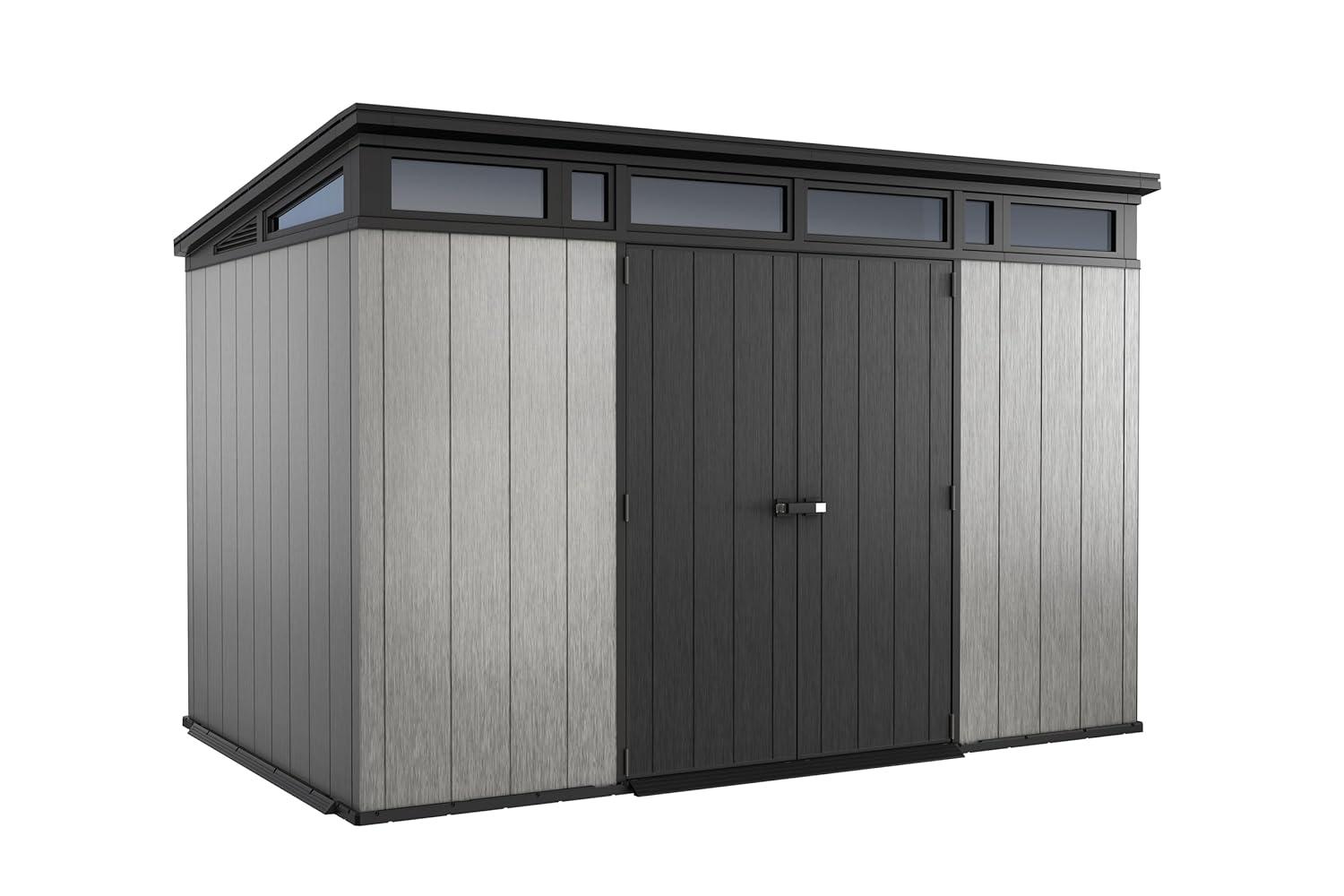 Keter Keter Artisan 11x7 ft. Modern Durable Resin Outdoor Storage Shed With Floor and Double Doors for Garden Patio Furniture and Tools, Grey