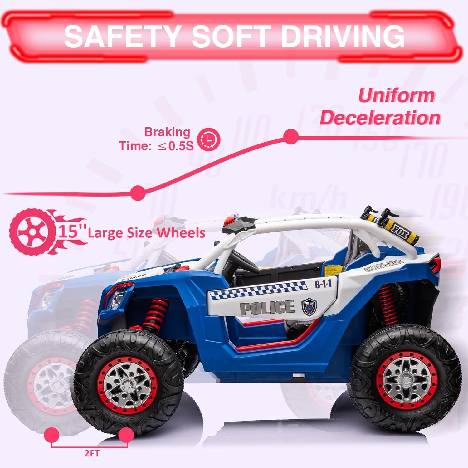 Huloretions Two Seater 24V Kids Ride on UTV Car, 4WD 300W Motors Powerful Electric Vehicle w/Remote Control, 4 Shock Absorbers, Leather Seats, Music and Lights, Electric Car for Kids