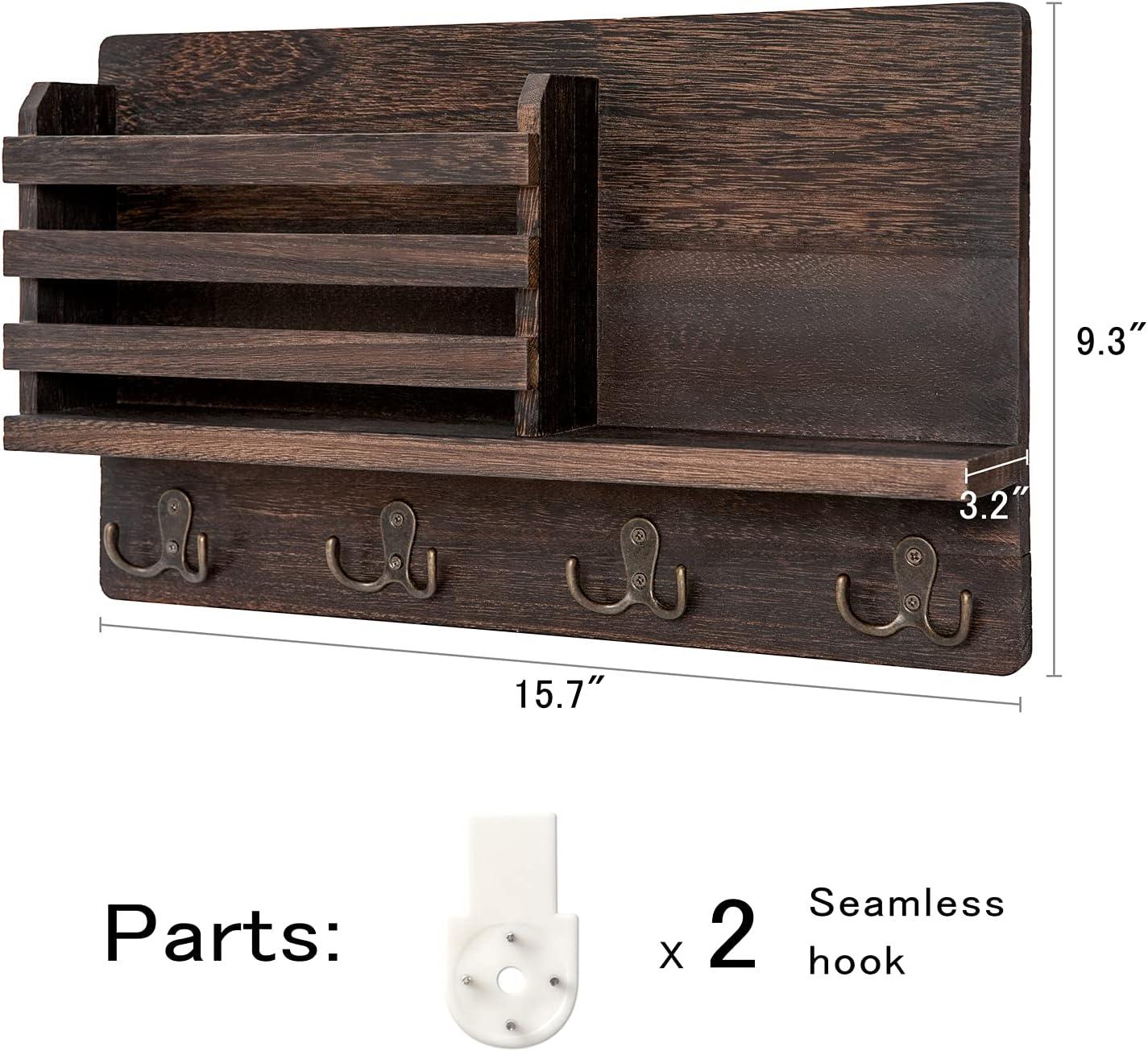Dahey Wall Mounted Mail Holder Wooden Key Holder Rack Mail Sorter Organizer with 4 Double Key Hooks and A Floating Shelf Rustic Home Decor for Entryway or Mudroom,15.7" W x9.3 Hx3.2 D, Brown
