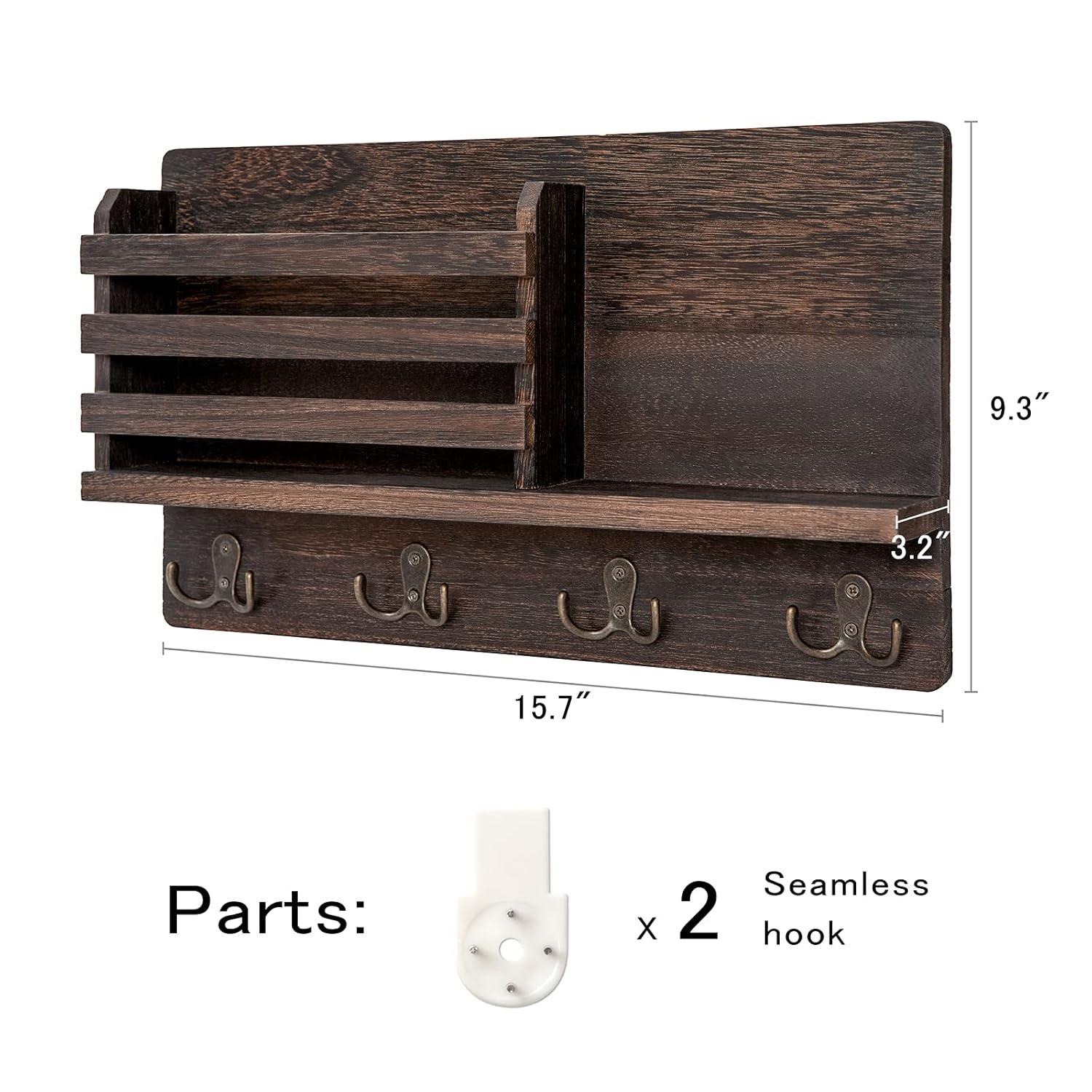 Dahey Wall Mounted Mail Holder Wooden Key Holder Rack Mail Sorter Organizer with 4 Double Key Hooks and A Floating Shelf Rustic Home Decor for Entryway or Mudroom,15.7" W x9.3 Hx3.2 D, Brown