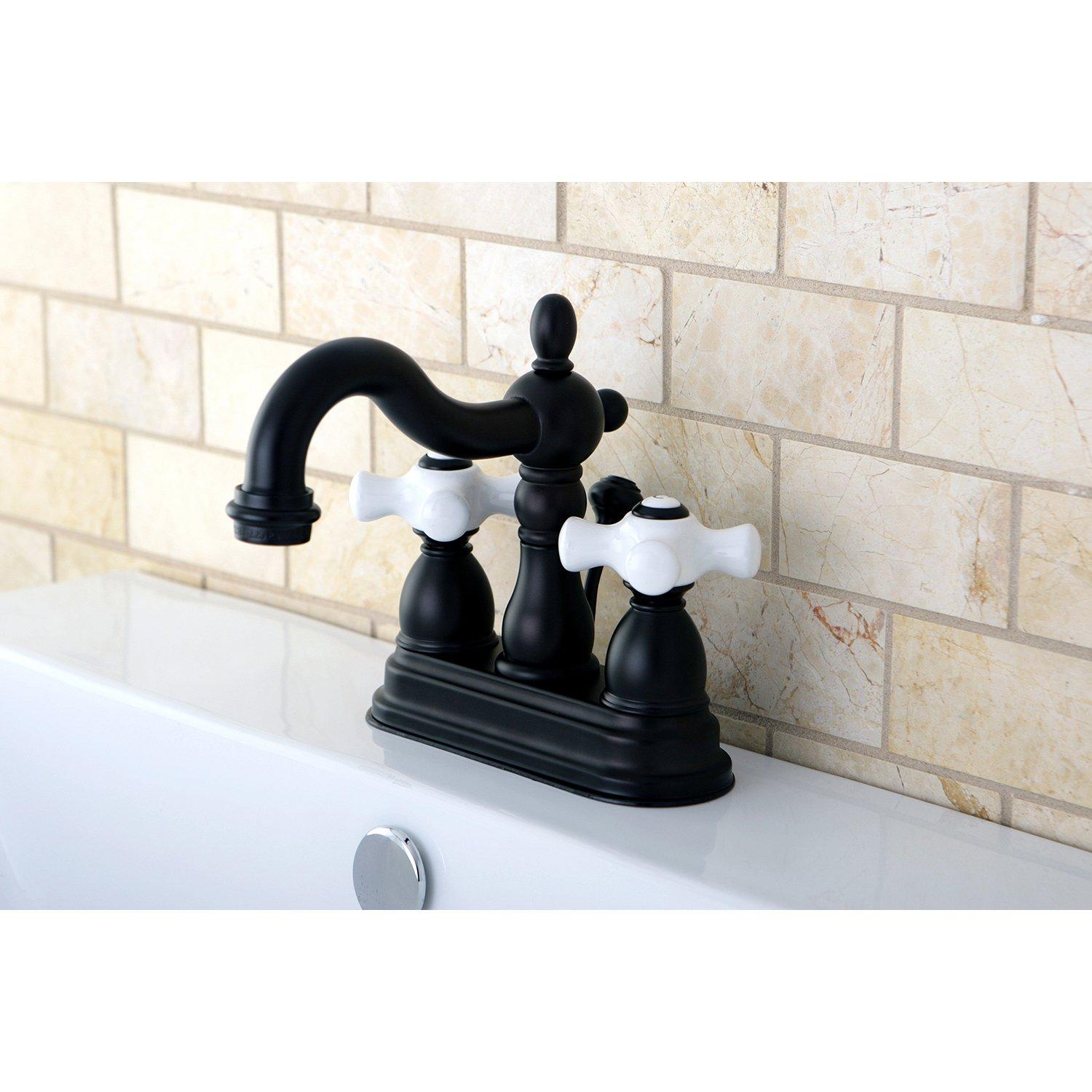 Kingston Brass KB1605PX Kingston Brass Heritage Two-Handle 3-Hole Deck Mount 4" Centerset Bathroom Faucet with Plastic Pop-Up