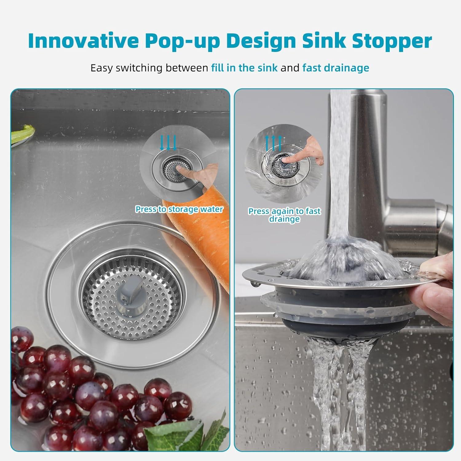 Hibbent 3-in-1 Kitchen Sink Drain Strainer  Stopper , Stainless Steel Pop-Up Design, Anti-Clogging Metal Basket with Handle, Compatible with US Standard 3-1/2" Drain
