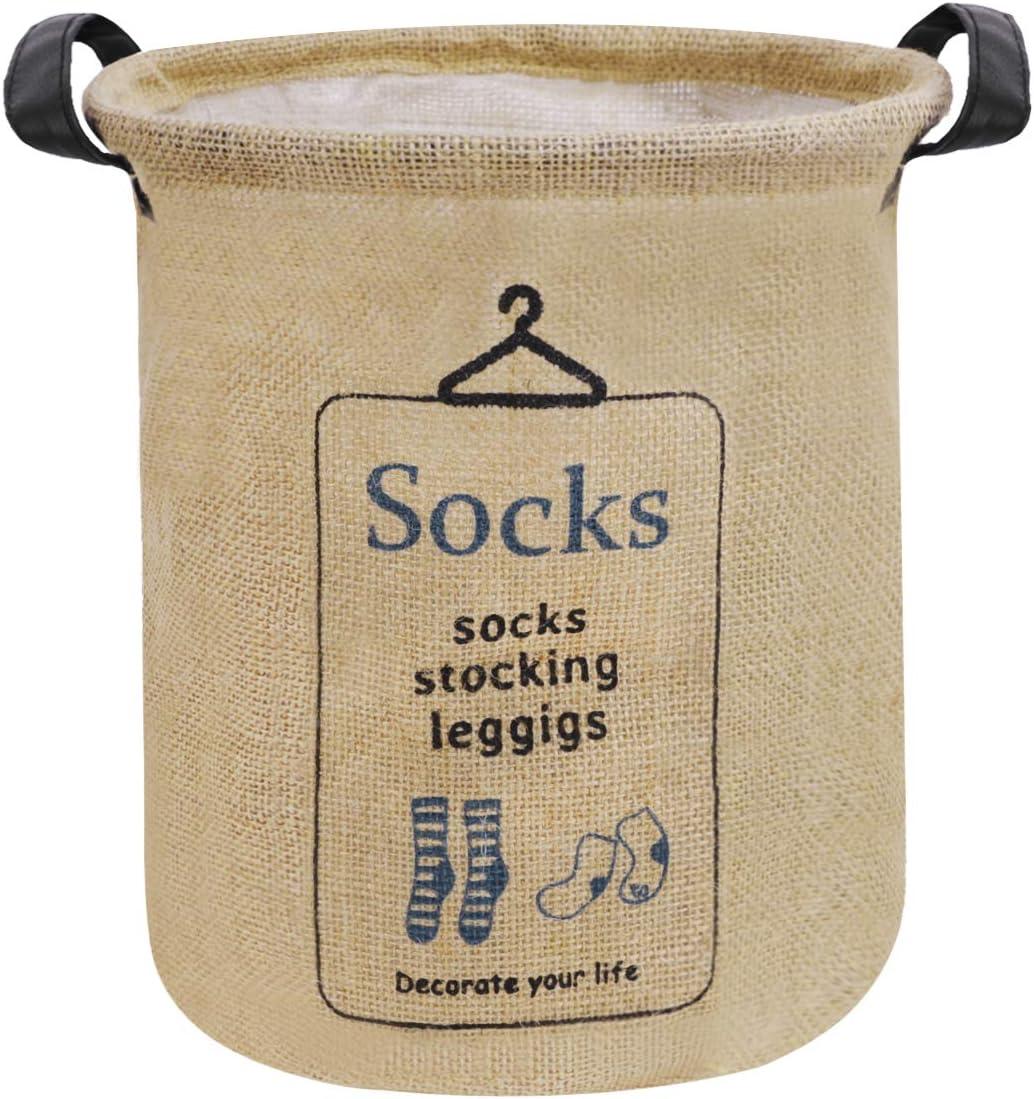 Pop-up Laundry Hampers Waterproof Cotton Linen Foldable Round Storage Bucket Organizer Dirty Clothes Shoes Basket Holder Baby's Toys Collection Box Closet Bin+3 Handles "SOCKS" Print