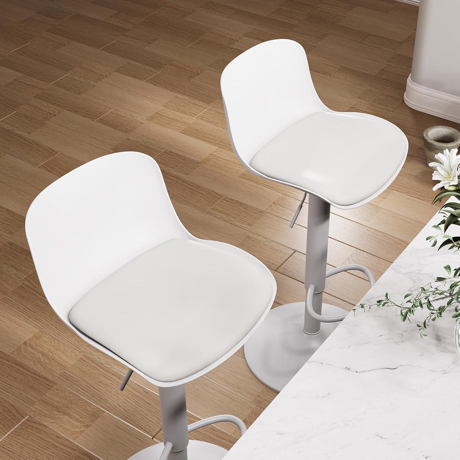 Height Adjustable Swivel PP Bar Stool with PU Padded Seat, White, Set of 2