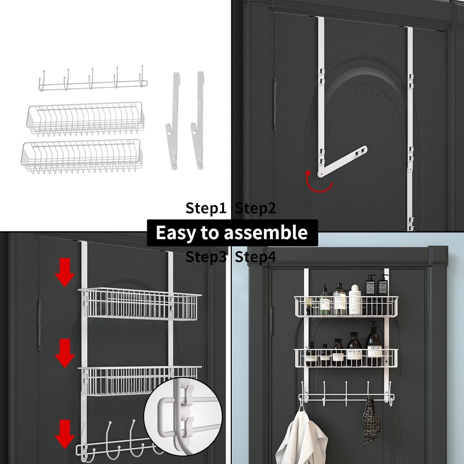 Over The Door Hooks, Door Hanger Towel Rack with 5 Coat Hooks & 2 Mesh Basket, Over Door Organizer for Bathroom, Bedroom, Kitchen, Office, Easy Installation, White