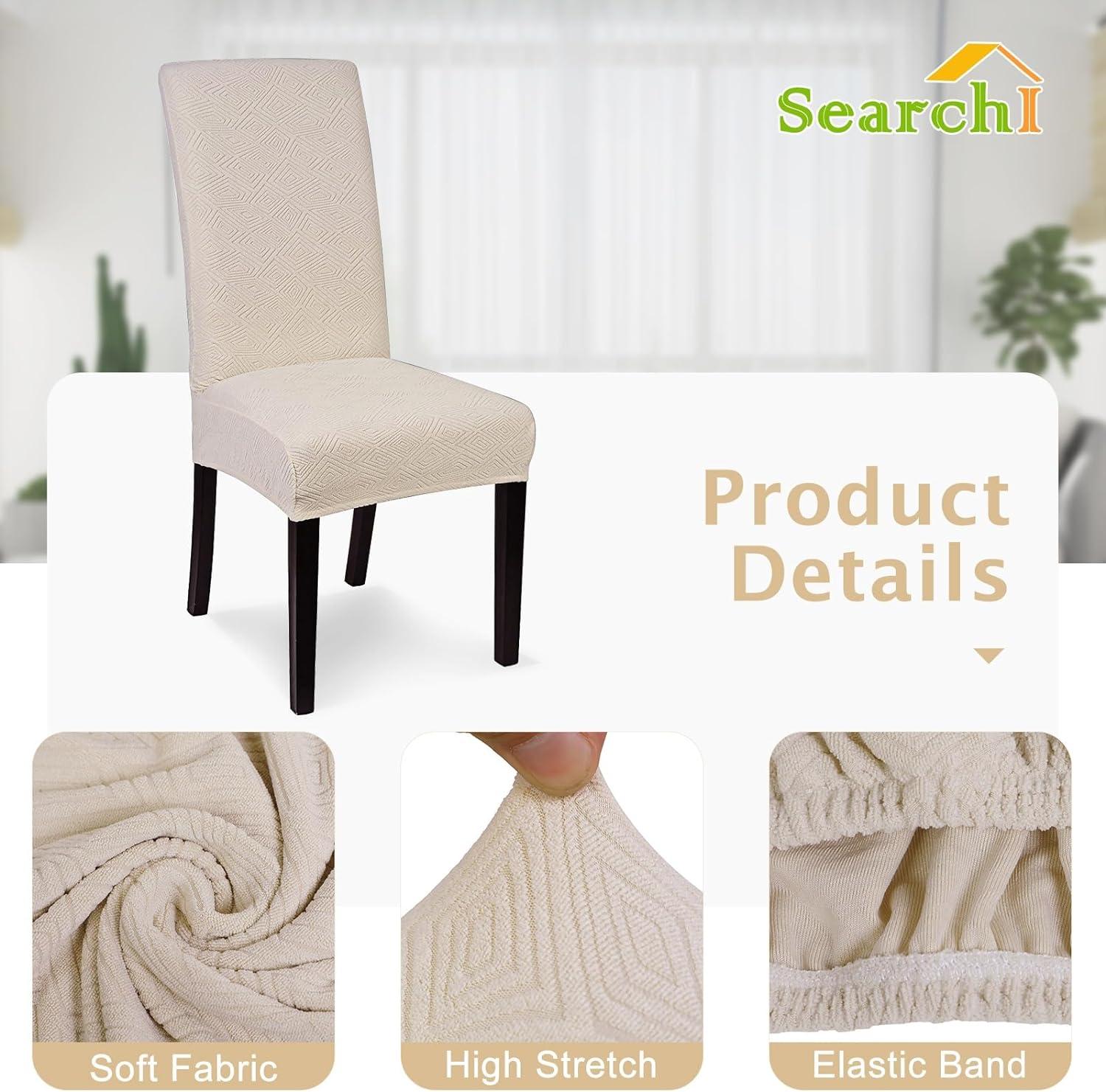 Beige Stretch Jacquard Dining Chair Covers, Set of 4