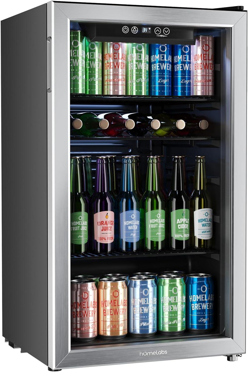 hOmeLabs Beverage Refrigerator and Cooler 120 Can Mini Fridge with Glass Door for Soda, Beer, and Wine with Adjustable Shelves, 3.2 Cu Ft, Steel