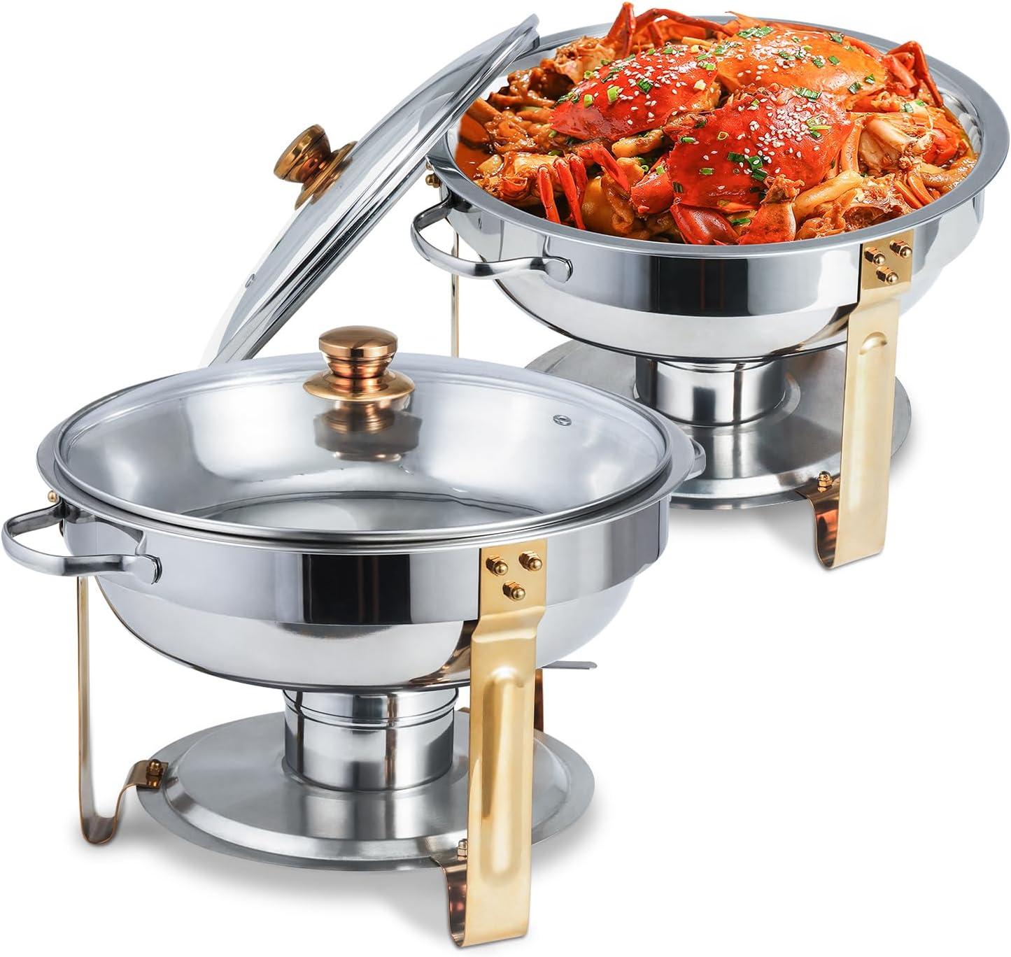 WhizMax Chafing Dish Buffet Set 2 Pack 5QT, Stainless Steel Round Chafing Dishes for Buffet with Lid Holder & Glass Lid, Gold