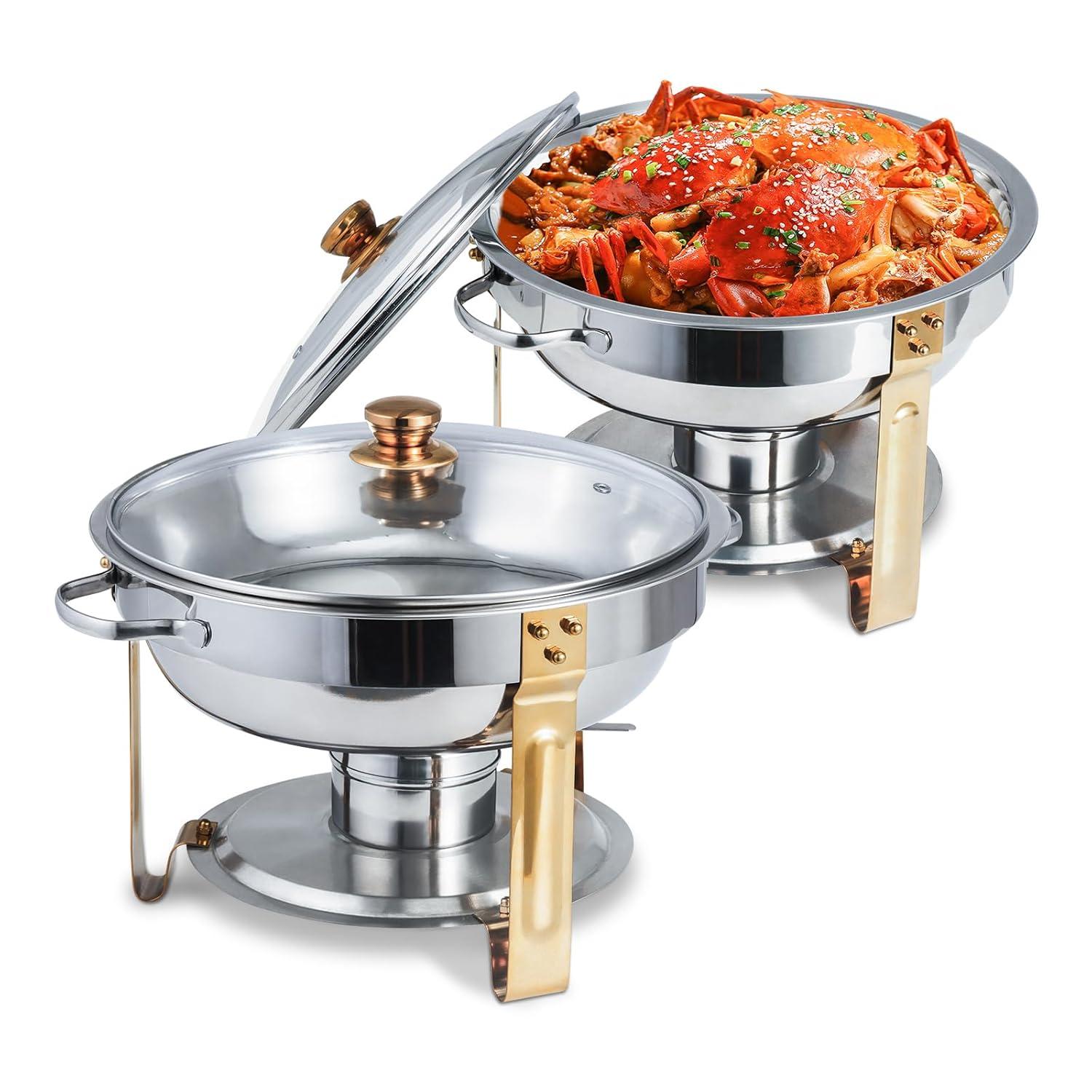 WhizMax Chafing Dish Buffet Set 2 Pack 5QT, Stainless Steel Round Chafing Dishes for Buffet with Lid Holder & Glass Lid, Gold