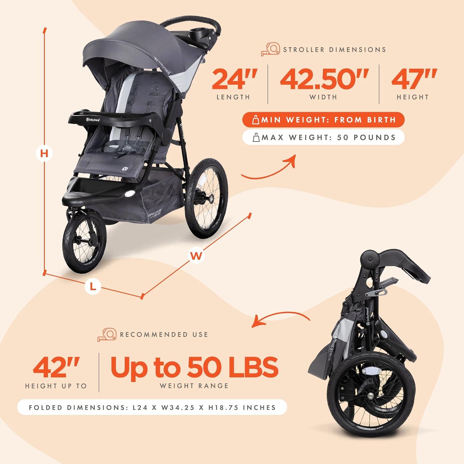 Baby Trend Expedition Zero Flat Stroller Jogger with LED Safety Lights - Dash Gray