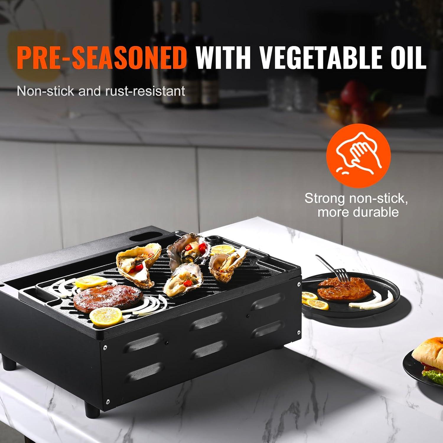 VEVOR Reversible Grill/Griddle, 14x8.5 inch Pre-Seasoned Cast Iron Griddle, Portable Rectangular Pan with Handle, Family Cookware for Indoor/Outdoor Stove Top Burner, Gas, Camping BBQ, Black