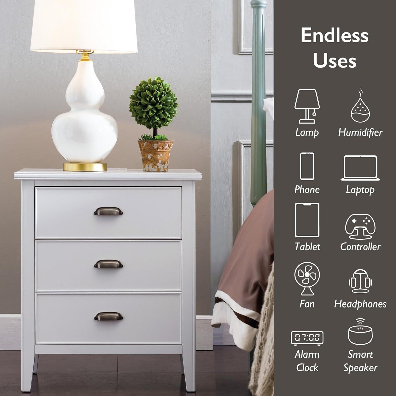 Laurent Collection Hardwood Bedroom Night Stand with Top Drawer, Door and 2-plug Electrical Outlet