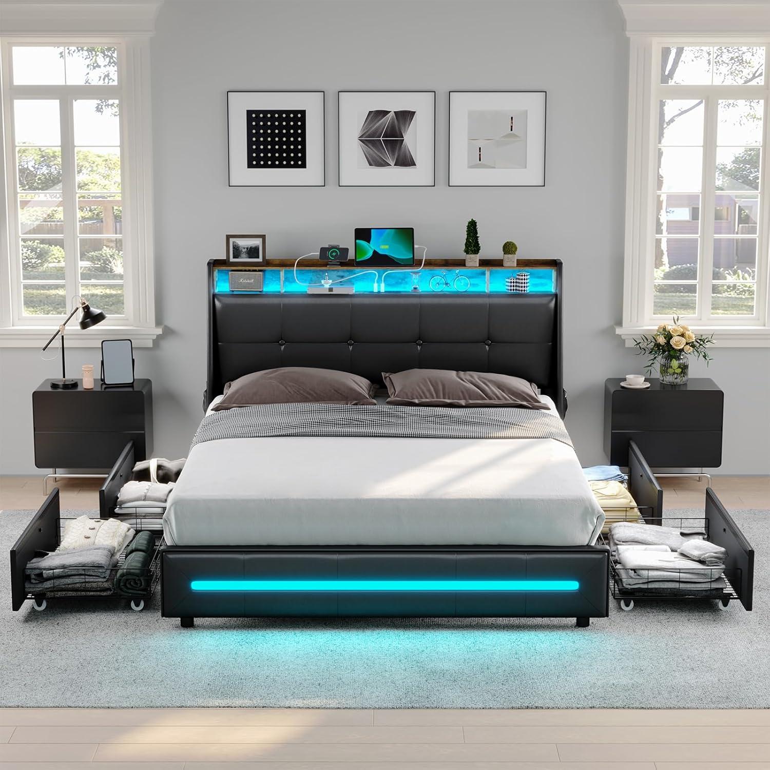 Queen LED Bed Frame with 4 Storage Drawers, Upholstered Bed Frame with Charging Station, Button Tufted Wingback Headboard, Black