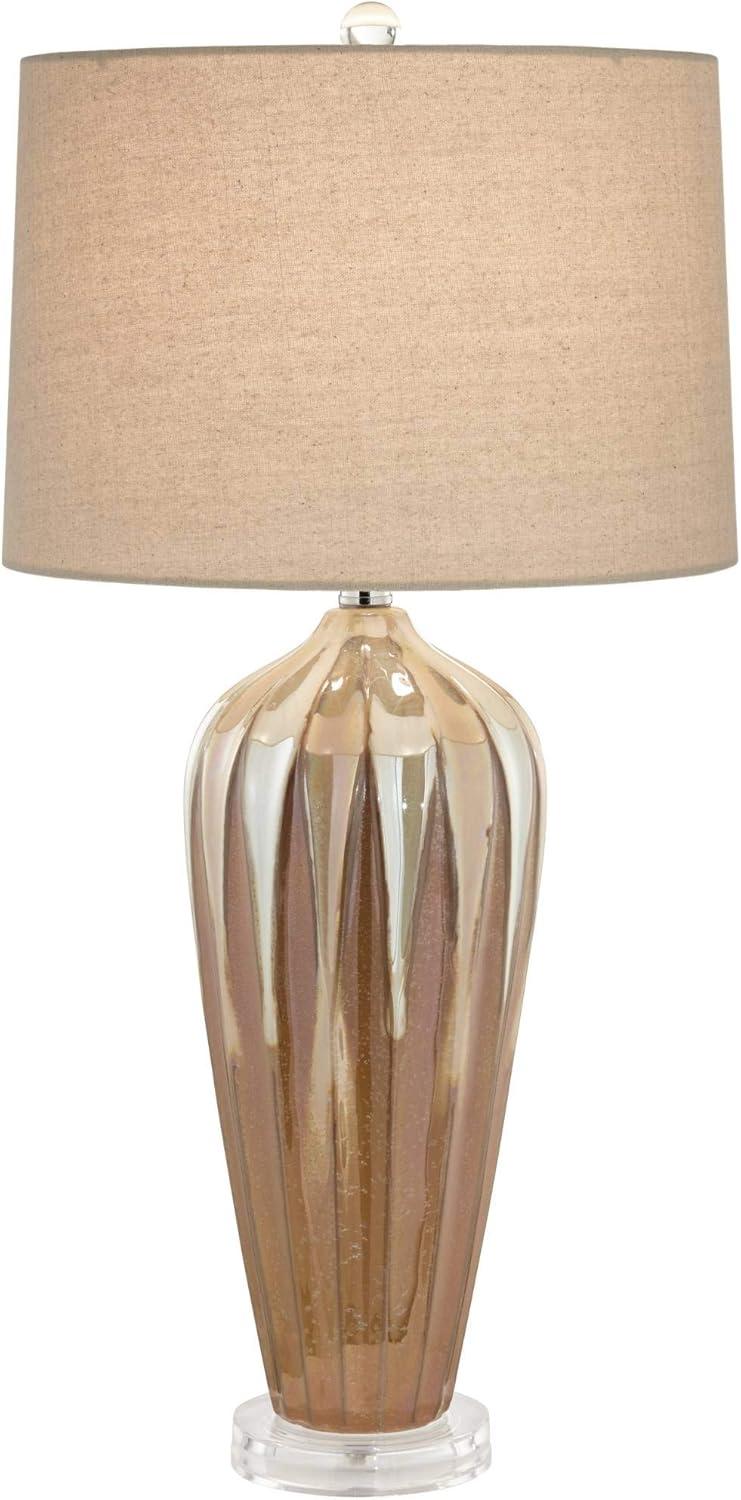 Possini Euro Design Loren Modern Mid Century Table Lamp 28 1/4" Tall Ivory Drip Glaze Ceramic Fabric Drum Shade for Bedroom Living Room Bedside House