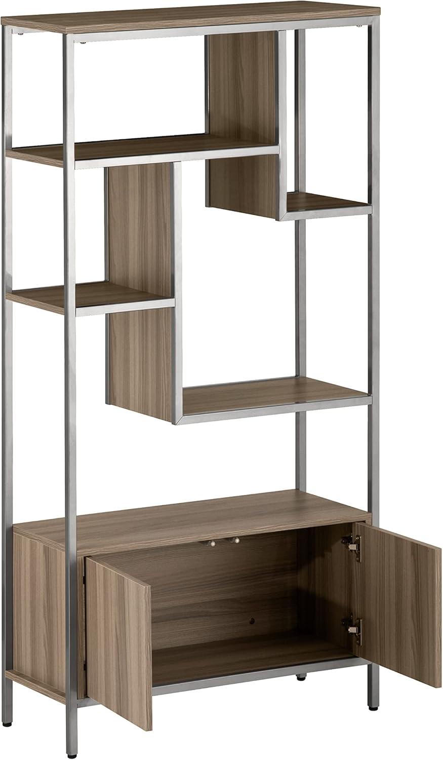 Oak and Silver Adjustable Bookcase with Doors