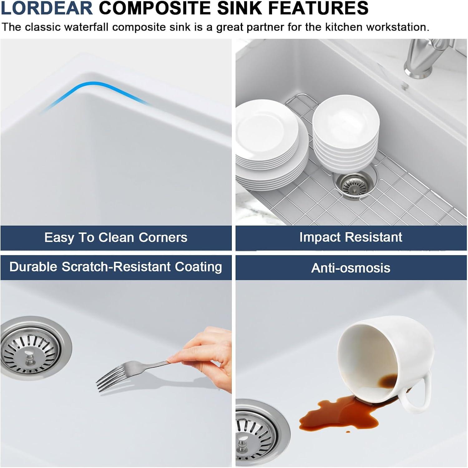 Lordear 33 Inch White Kitchen Sink Undermount Composite Granite Quartz Single Bowl Workstation 33x19x10 Inch Under Counter Kitchen Sinks