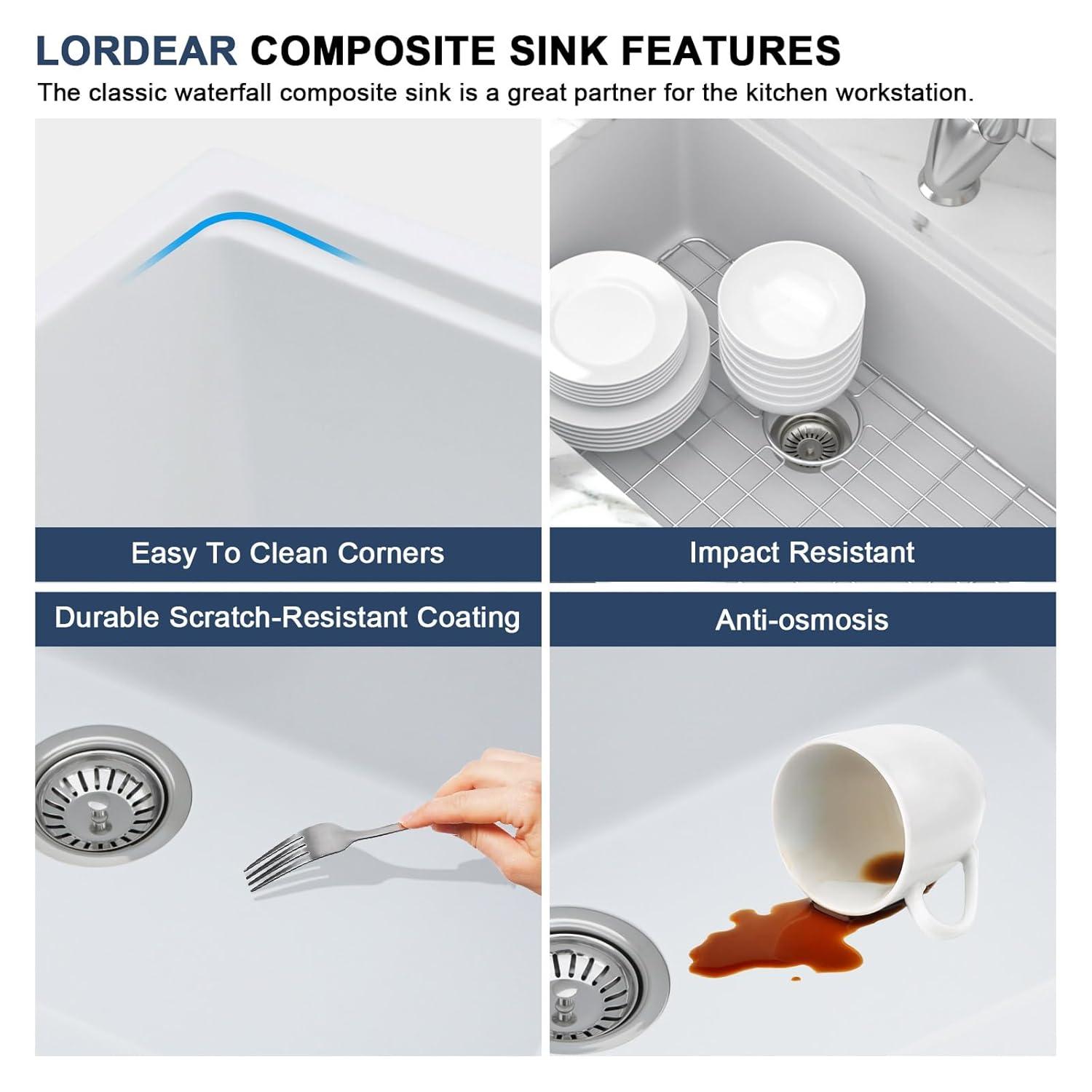 Lordear 33 Inch White Kitchen Sink Undermount Composite Granite Quartz Single Bowl Workstation 33x19x10 Inch Under Counter Kitchen Sinks