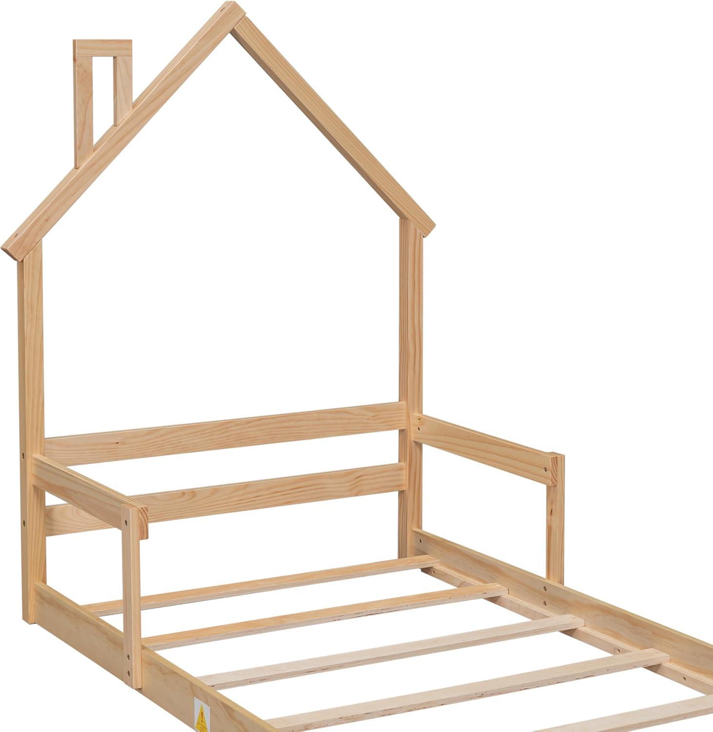 Sesslife Twin Bed Frame with House-Shape Headboard, Wood Platform Bed with Guardrail for Kids Teens, Cute Floor Bed with Strong Wood Slats Support, Easy Assembly, No Box Spring Needed, Oak