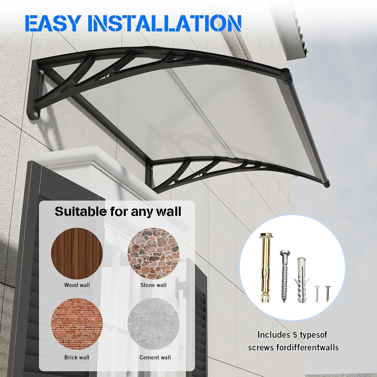 VEVOR Window Door Awning Canopy 40" x 40", UPF 50+ Polycarbonate Entry Door Outdoor Window Awning Exterior, Front Door Overhang Awning