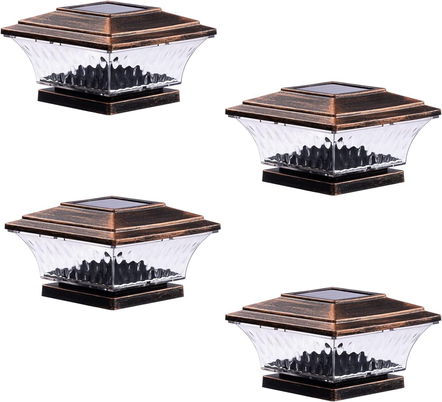 HUYIENO Solar Post Cap Lights Outdoor LED Lighting Deck Fence Cap Light Two Light Modes Warm White/Bright White Suitable for 4x4 Wooden Posts Brushed Copper 4PK