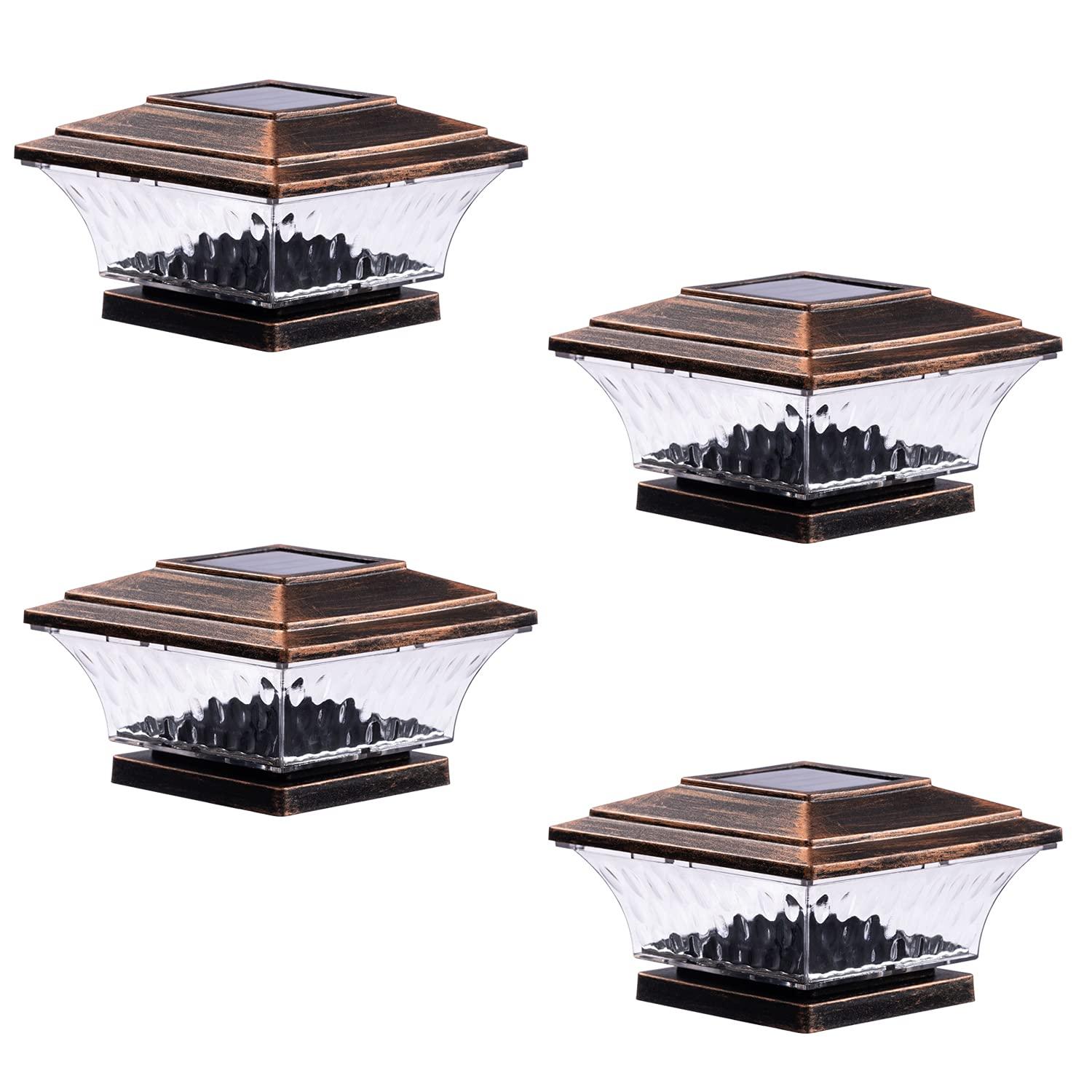 HUYIENO Solar Post Cap Lights Outdoor LED Lighting Deck Fence Cap Light Two Light Modes Warm White/Bright White Suitable for 4x4 Wooden Posts Brushed Copper 4PK