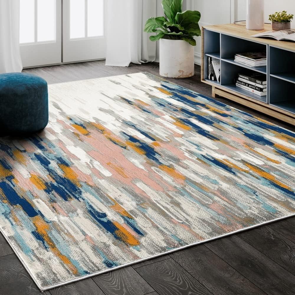 Blue and Orange Abstract Synthetic 3' x 5' Area Rug