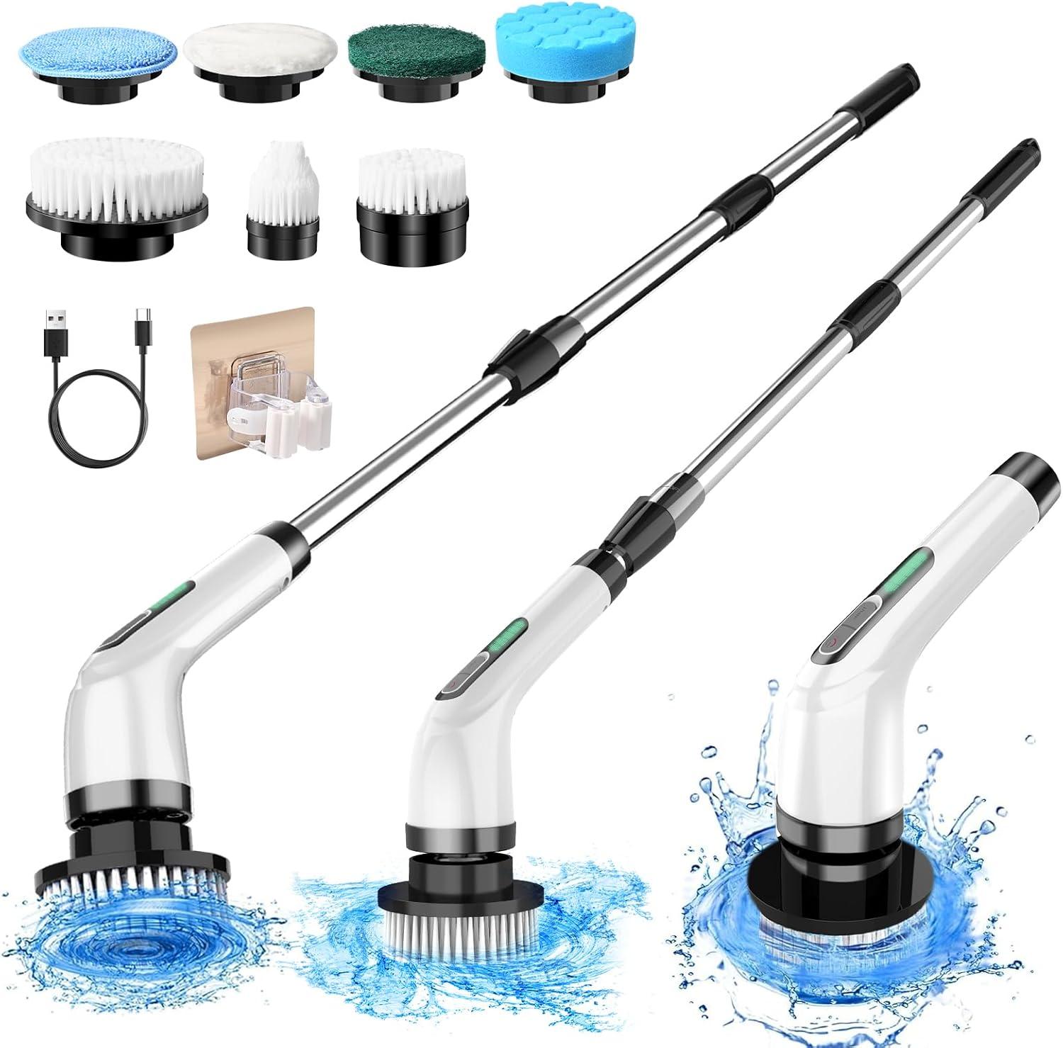 White Cordless Electric Spin Scrubber with Extendable Handle