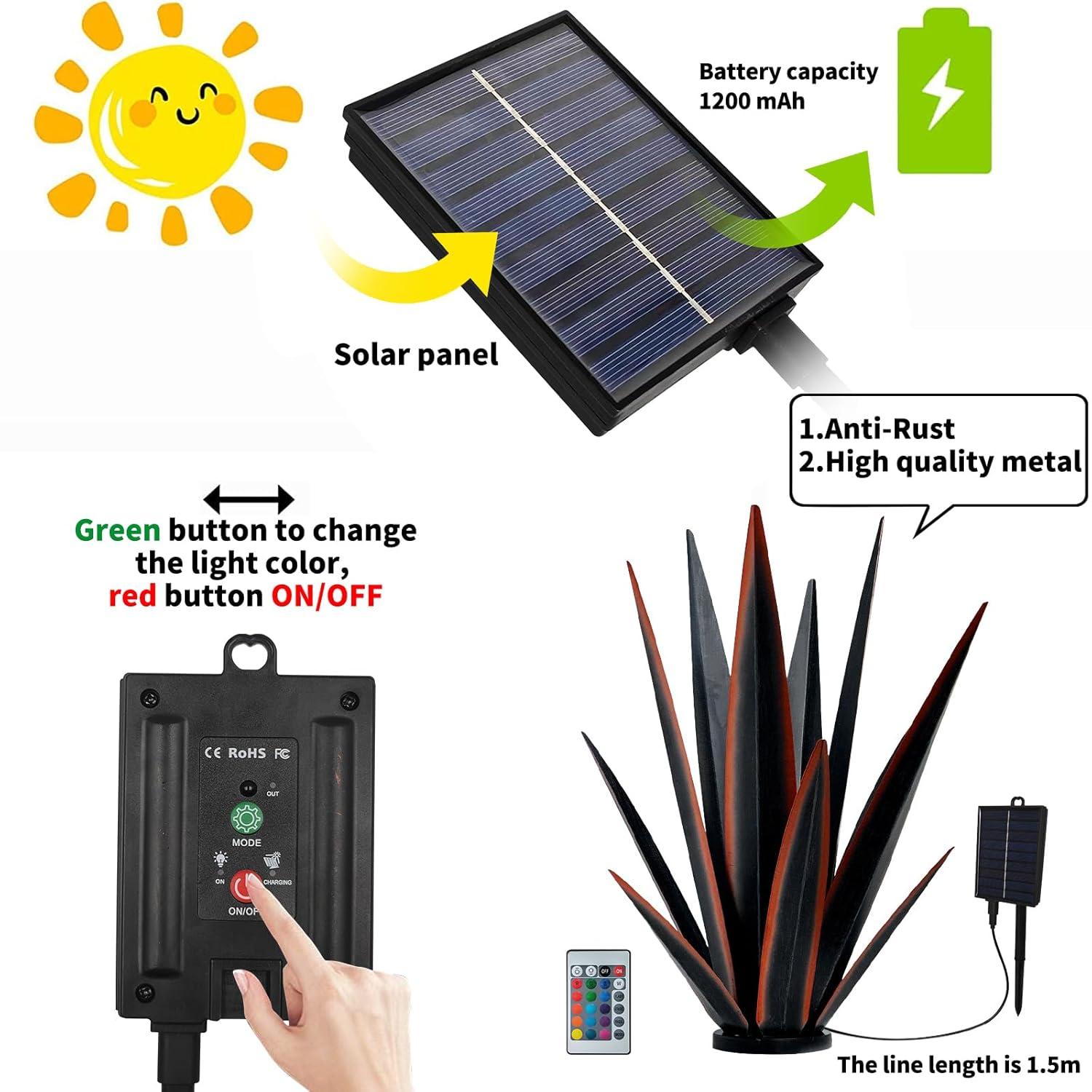 Large Tequila Rustic Sculpture, Rustic Metal Agave Plants for Outdoor Patio Yard, Home Decor Hand Painted Metal Agave Garden Yard Statue, Outdoor Lawn Ornaments (Black - L (W/Solar Light))