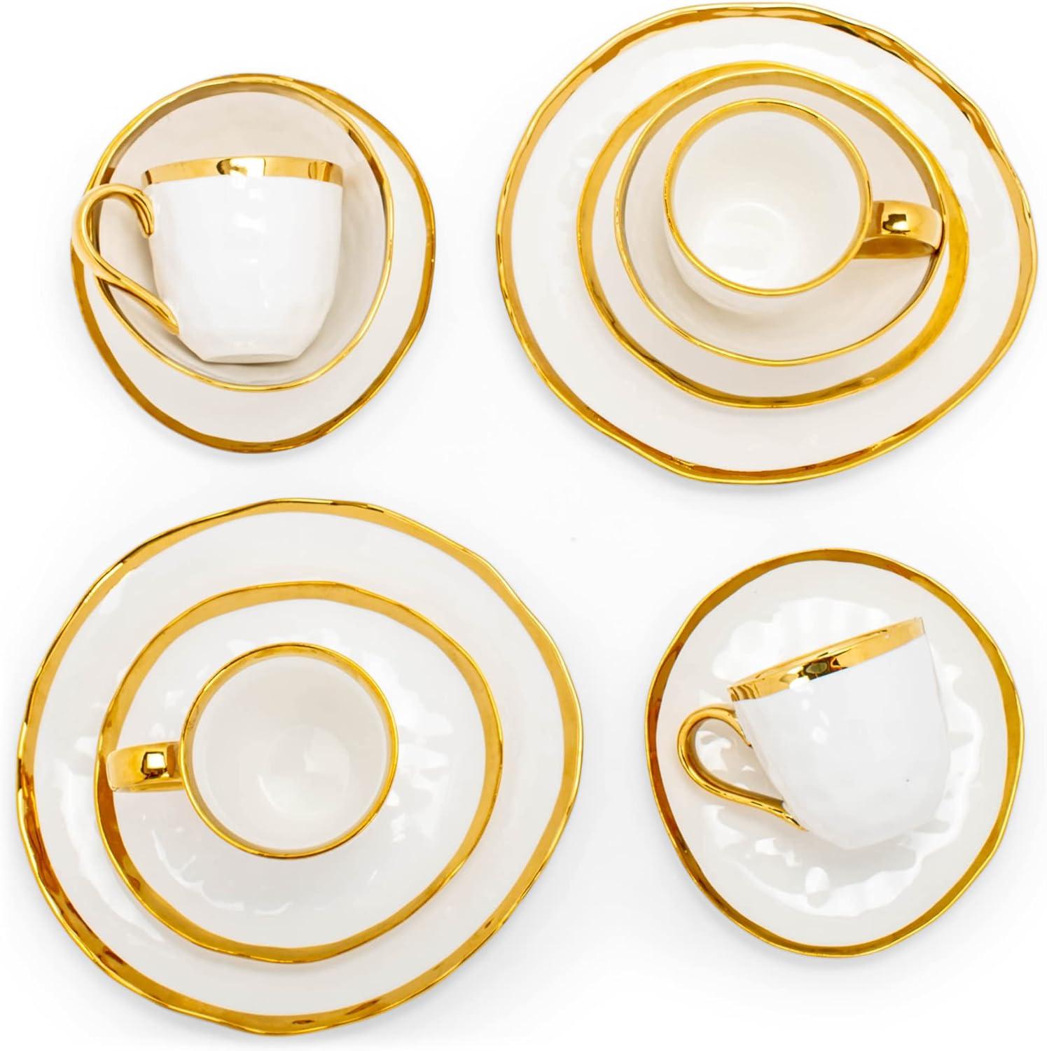 White and Gold Porcelain 16-Piece Dinnerware Set