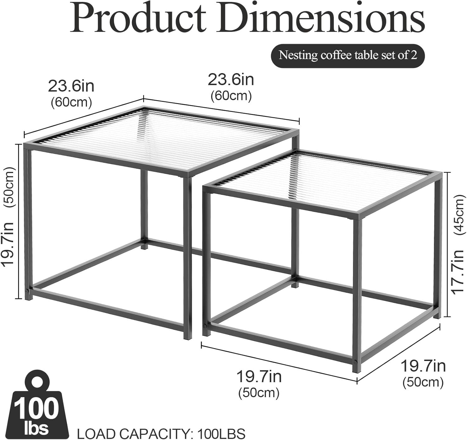 VILAWLENCE Coffee Table Set of 2, Modern Black Patterned Glass Side Table, Metal Frame Square End Table, Center Tables Nesting Coffee Table for Living Room,Bedroom and Small Spaces