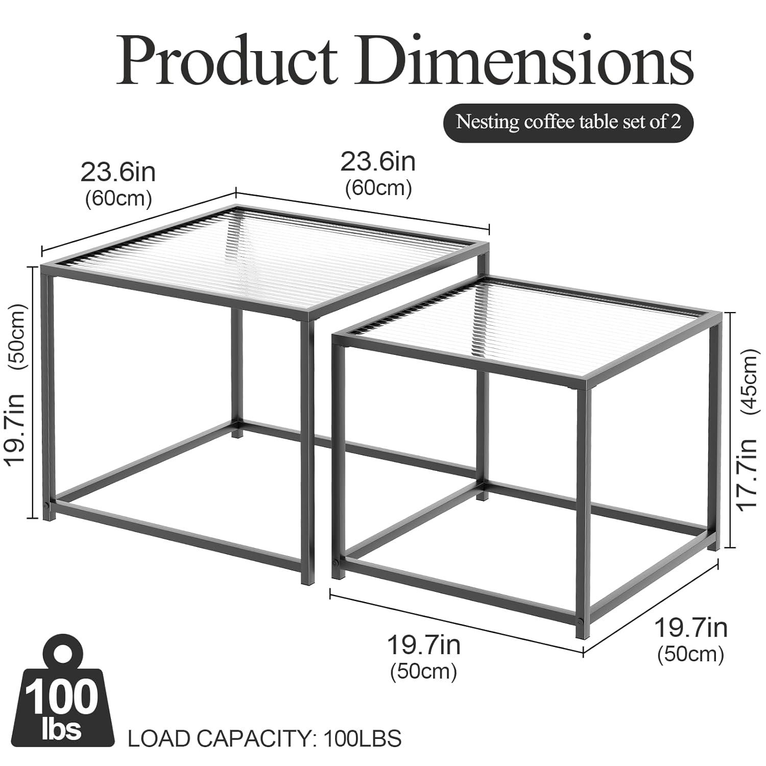 VILAWLENCE Coffee Table Set of 2, Modern Black Patterned Glass Side Table, Metal Frame Square End Table, Center Tables Nesting Coffee Table for Living Room,Bedroom and Small Spaces