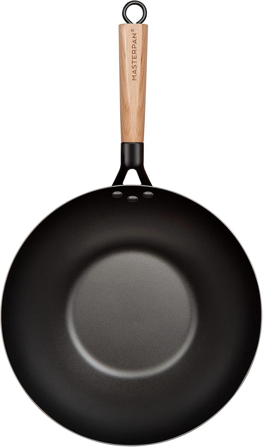 Masterpan Carbon Steel Wok With Glass Lid Wooden Utensils Non-Stick Flat Bottom Asian Stir-Fry