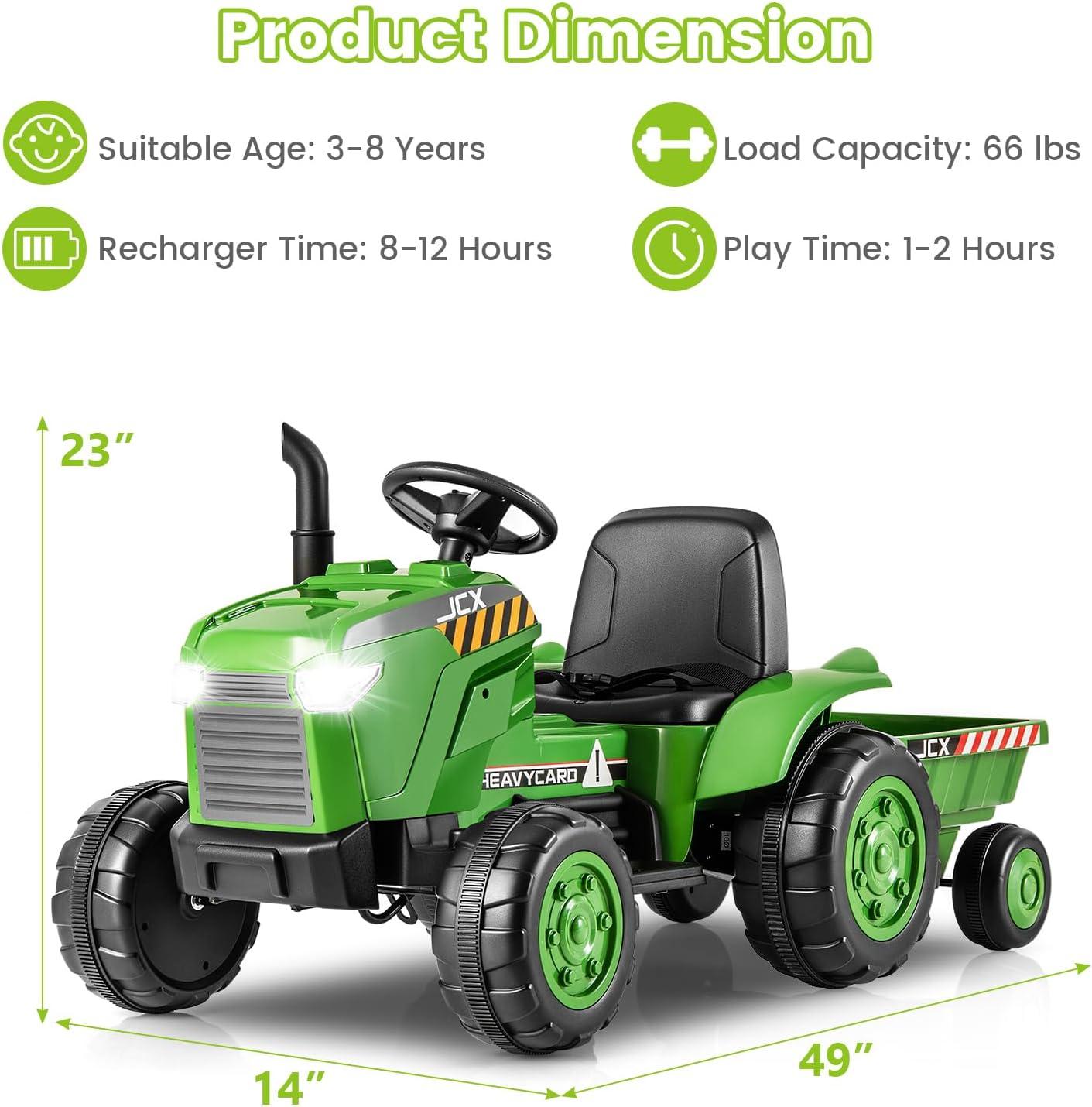 Green 12V Kids Ride-On Tractor with Trailer and Remote Control