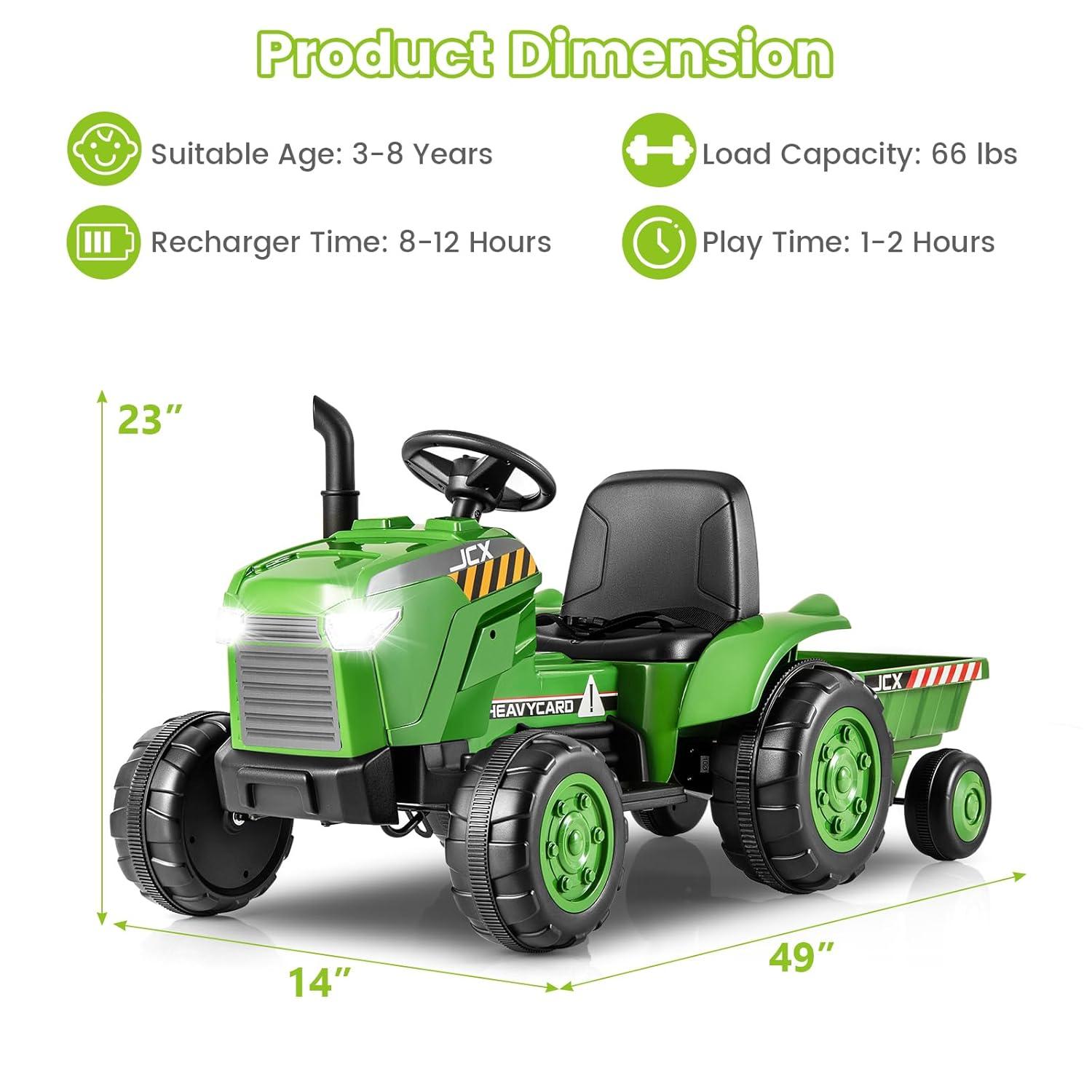 OLAKIDS 12V Kids Ride on Tractor, Battery Powered Motorized Electric Car with Trailer, Dual Motors, Remote Control, Light, Music, USB, Toddler Vehicle Toys for Boys Girls