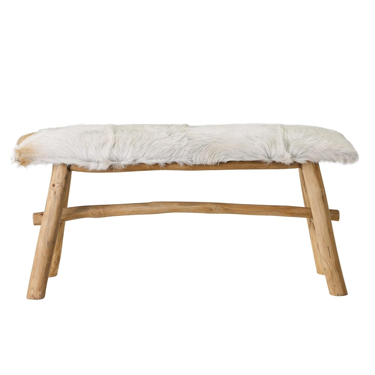 White Goat Fur and Oak Wood Bench
