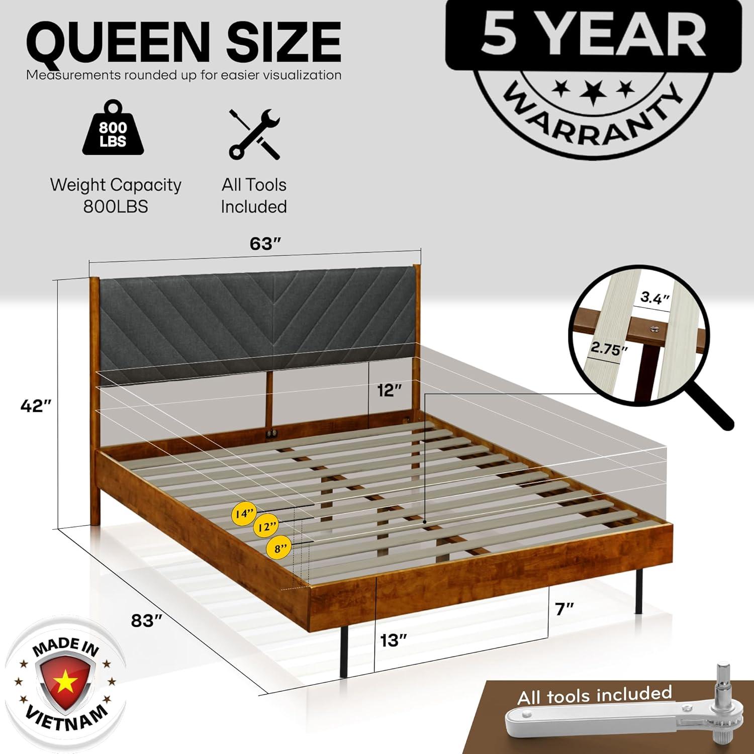 Felisha Solid Wood King Upholstered Bed Frame with Fabric Headboard, Contemporary Modern Upholstered Platform Bed